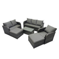 GARTENMÖBELGARNITUR mit KISSEN Polyrattan Dunkelgrau 9-Sitzer - Dunkelgrau/Grau, Glas/Kunststoff - Fimous