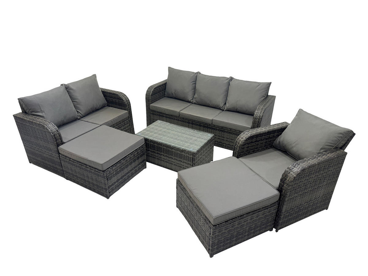 GARTENMÖBELGARNITUR mit KISSEN Polyrattan Dunkelgrau 9-Sitzer - Dunkelgrau/Grau, Glas/Kunststoff - Fimous
