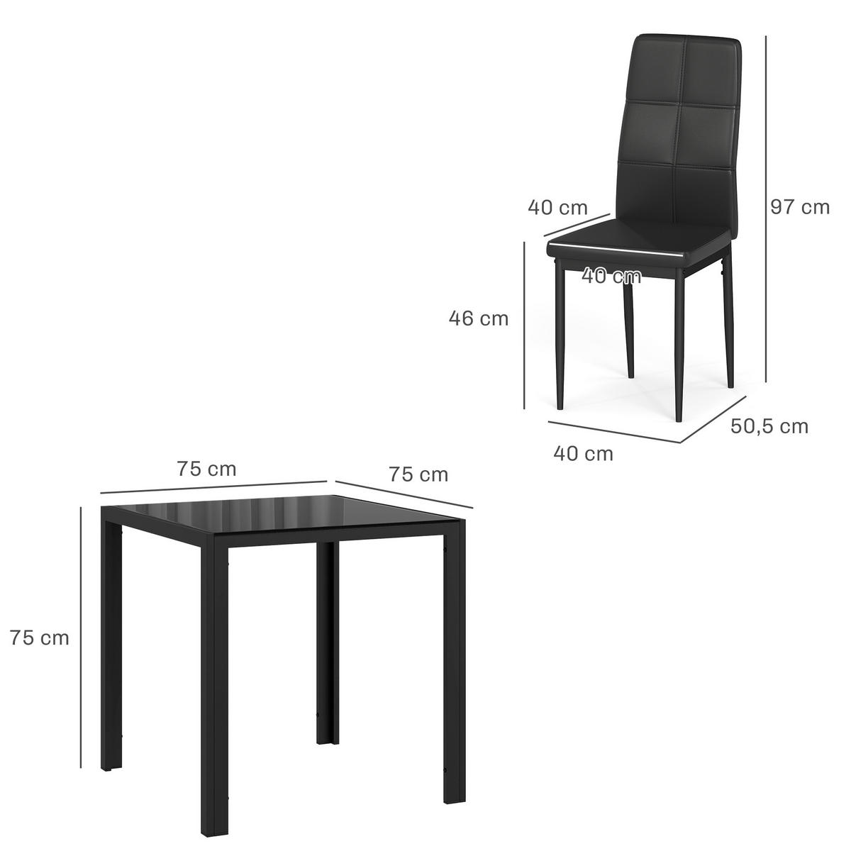 ESSGRUPPE mit 1 Tisch und 2 Stühlen Schwarz 75.0/75.0/75.0 cm - Schwarz, Glas (75/75/75cm)