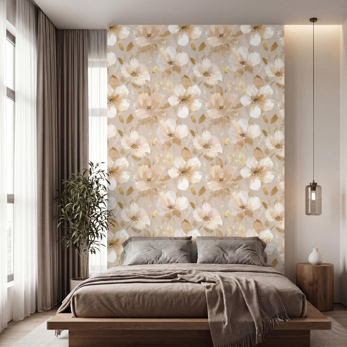 TAPETE - Blumen - künstlerisch - Gold - 180x300 cm - Beige, Papier (180/300cm) - OnlyWow