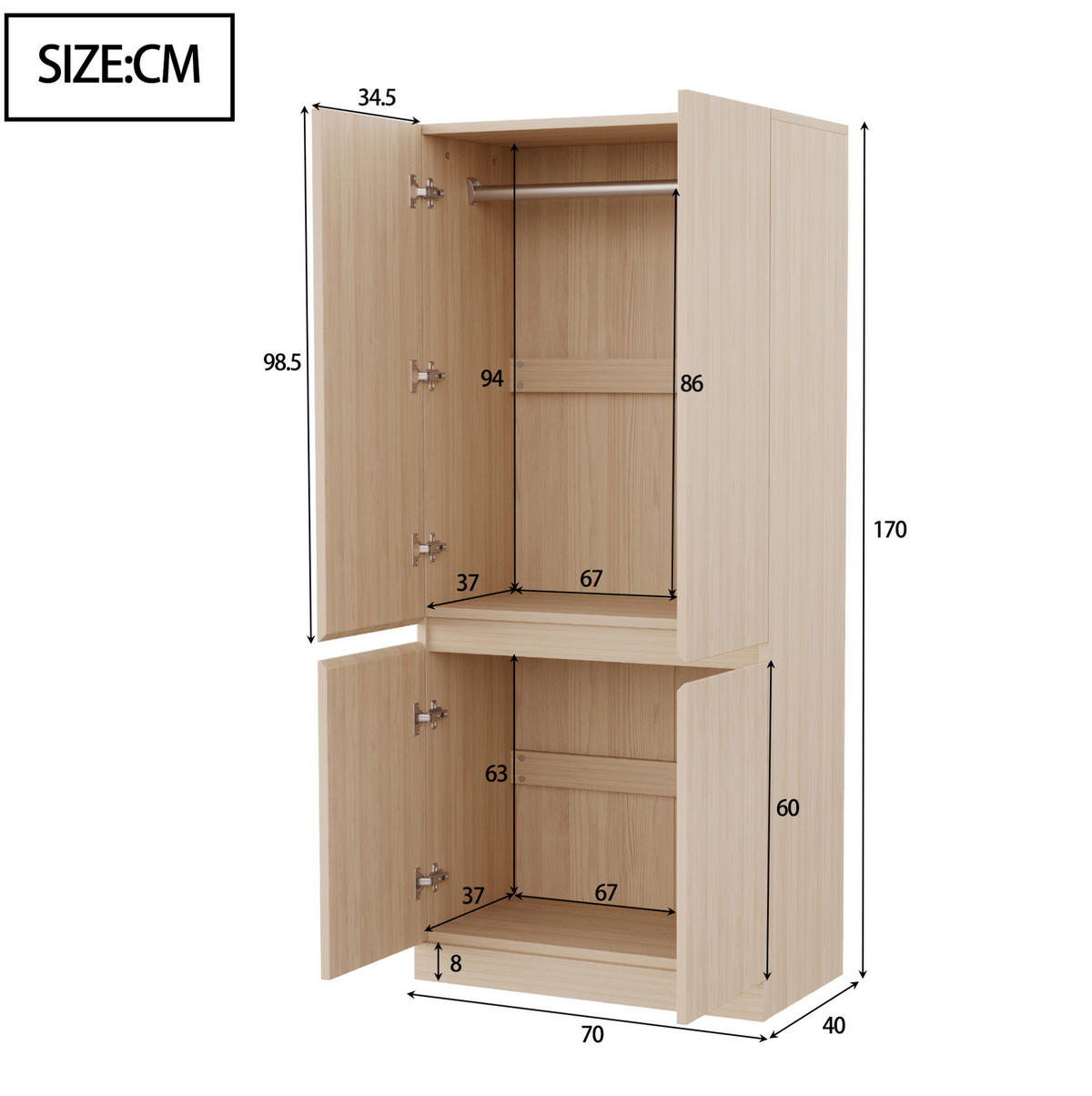ŠATNÍKOVÁ skriňa 70/40/170 cm s dvojdverovým dizajnom a veľkým úložným priestorom, Prírodná farba dreva - prírodná farba, drevo (70/170/40cm) - Redom