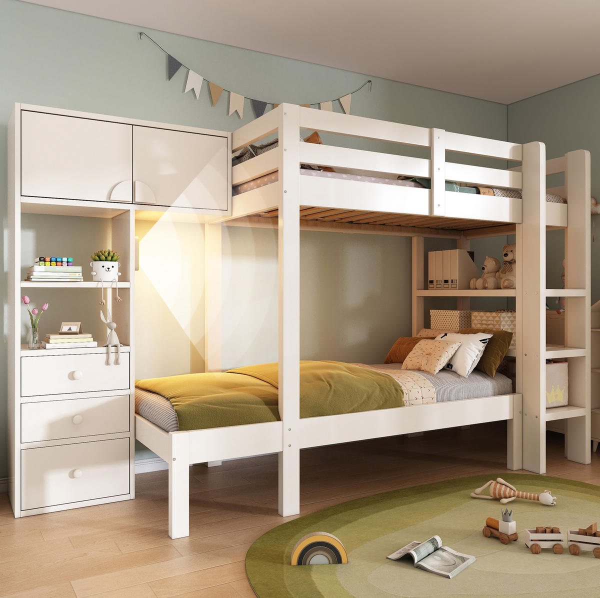 ETAGENBETT 90/200 cm in Weiß mit Schrank, Regal und LED-Nachtlicht - Weiß, Metall (90/200cm) - BEAOK