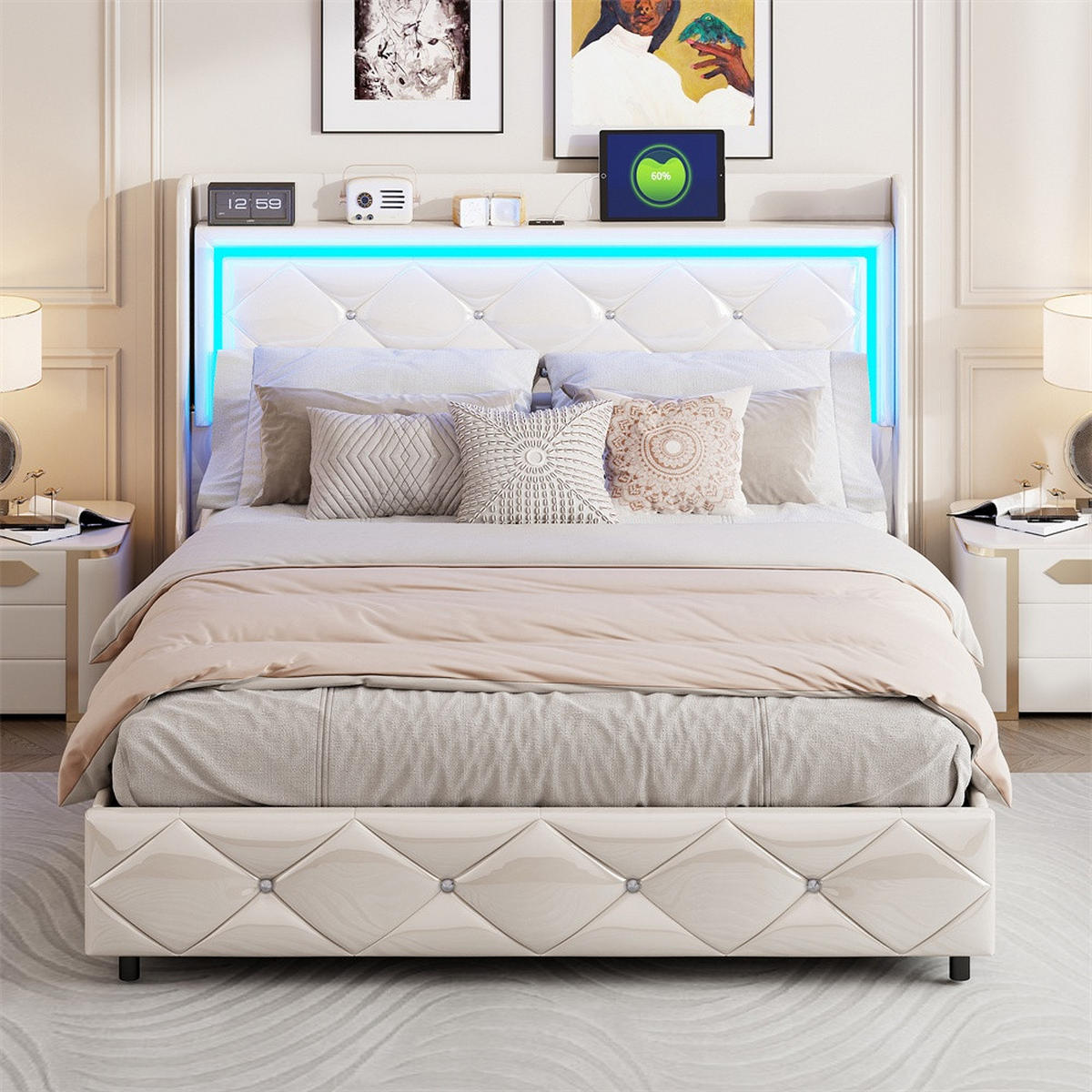 POLSTERBETT 140x200 cm mit LED-Beleuchtung , USB-Ladestation und hydraulischer Hebefunktion - ohne Matratze - Weiß, Textil (140/200cm) - DELFA