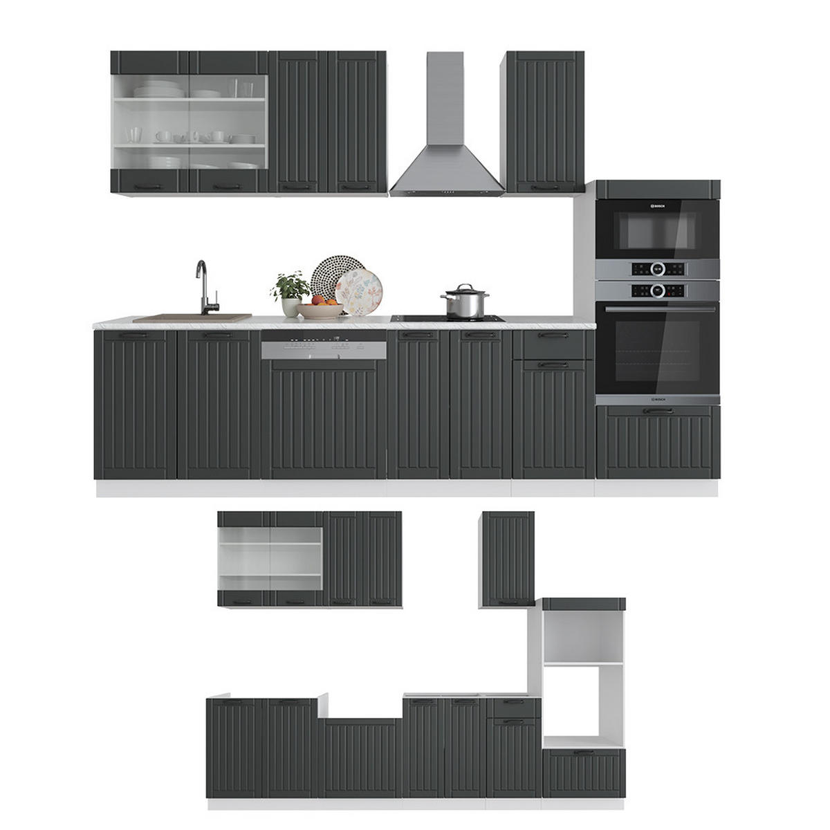 KÜCHENZEILE Fame-Line Anthrazit Landhaus/Weiß 300 cm mit Hochschrank ohne AP - Anthrazit/Weiß, Holzwerkstoff (300/81.6/46cm) - Vicco