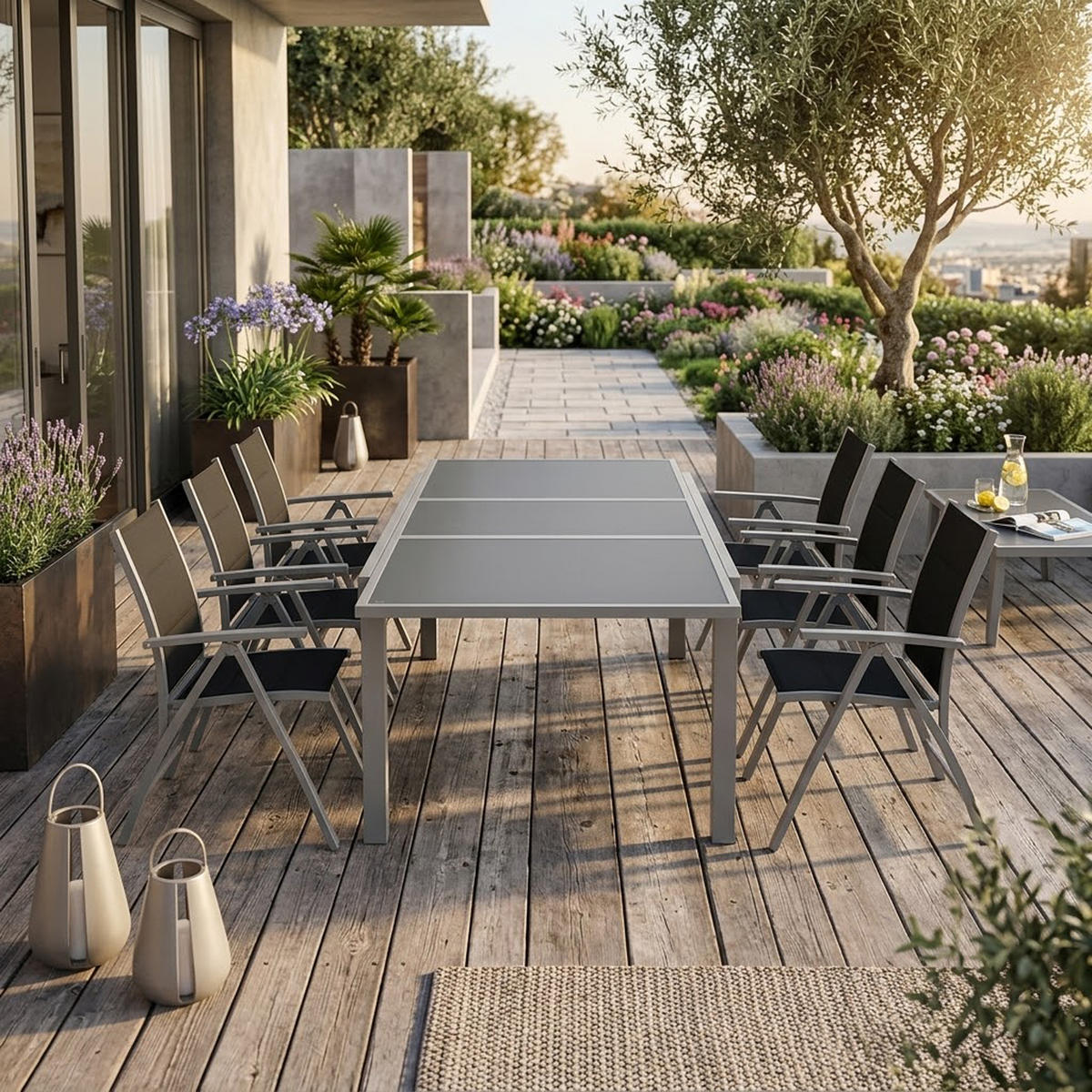 GARTEN-GARNITUR Ashford - 7-teilige Garten-Essgruppe (6x Stapelsessel mit Aluminiumgestell, Bespannung Textillehne schwarz, Ausziehtisch - Schwarz, Metall - TPFGarden