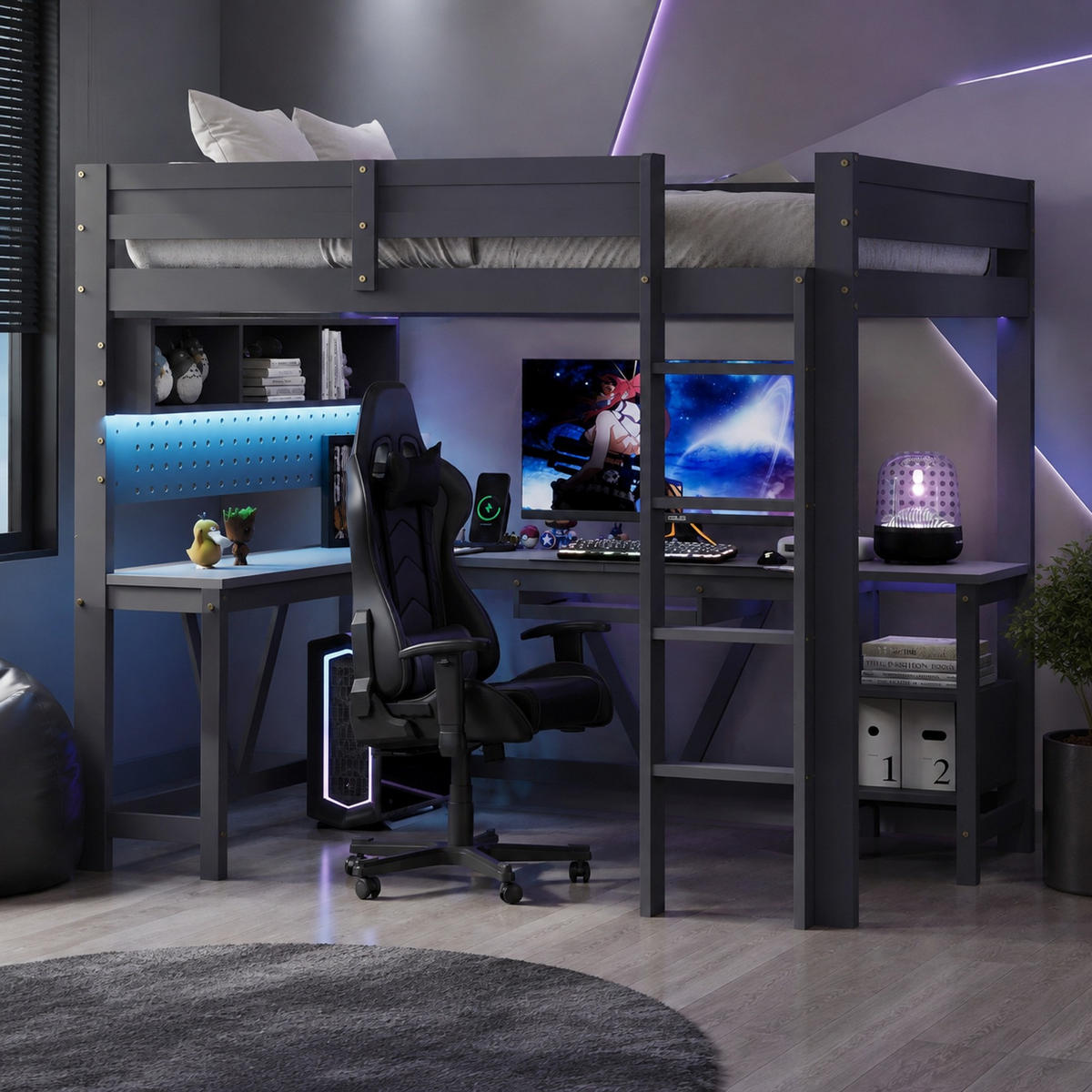 HOCHBETT 90/200 mit Schreibtisch, LED und Ladestation in Grau - Grau, Holzwerkstoff (90/200cm) - EVRYAE