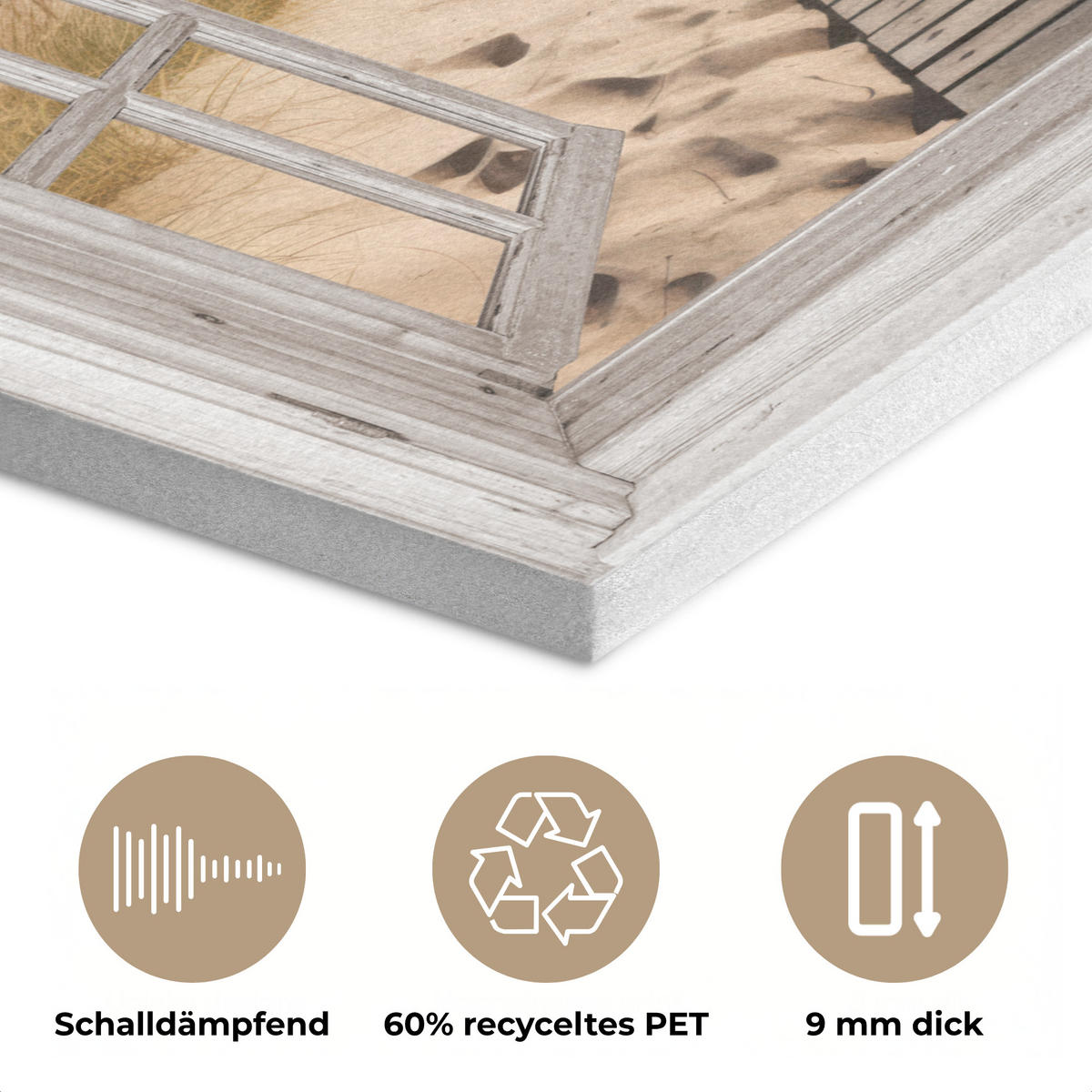 AKUSTIKPANEEL Fenster - Meer - Küste - Natur - Ausblick - Strand - Wattenmeer 90x90 cm - Beige, Textil (90/0.9/90cm) - MuchoWow