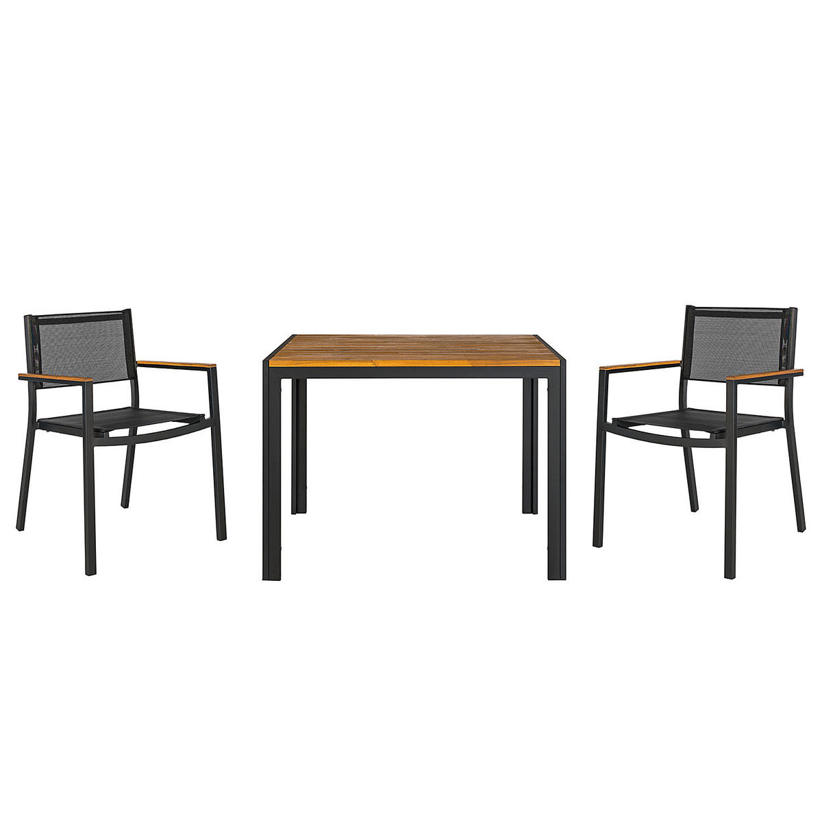 GARTENESSGRUPPE - Akazie massiv / Aluminium - Braun / Schwarz - 3-teilig - Schwarz/Braun, Holz/Textil - home24