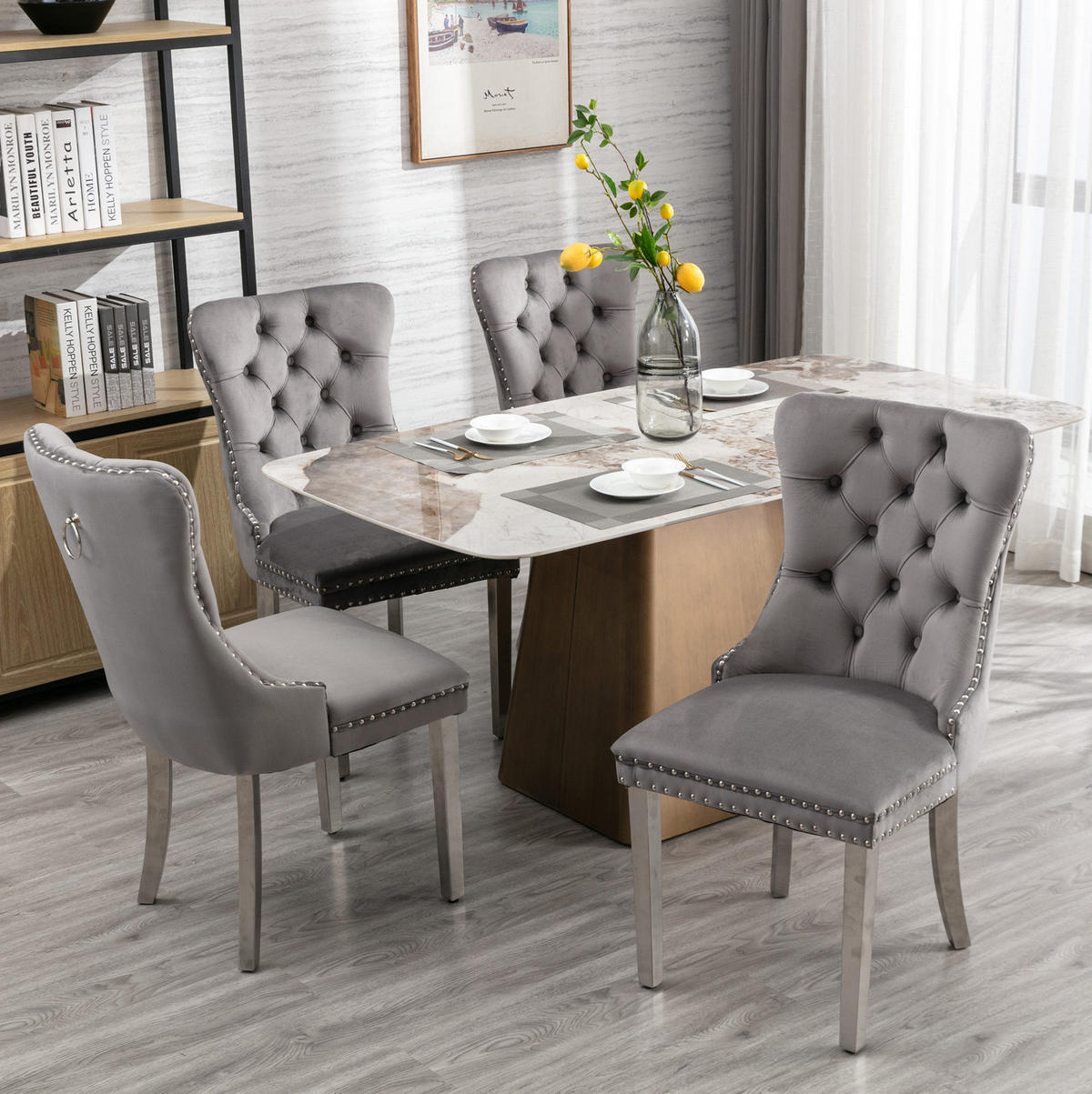 STUHL 2er-Set mit hoher Rückenlehne Samt Grey - Grau, Metall (50/95/65cm) - Meubliv