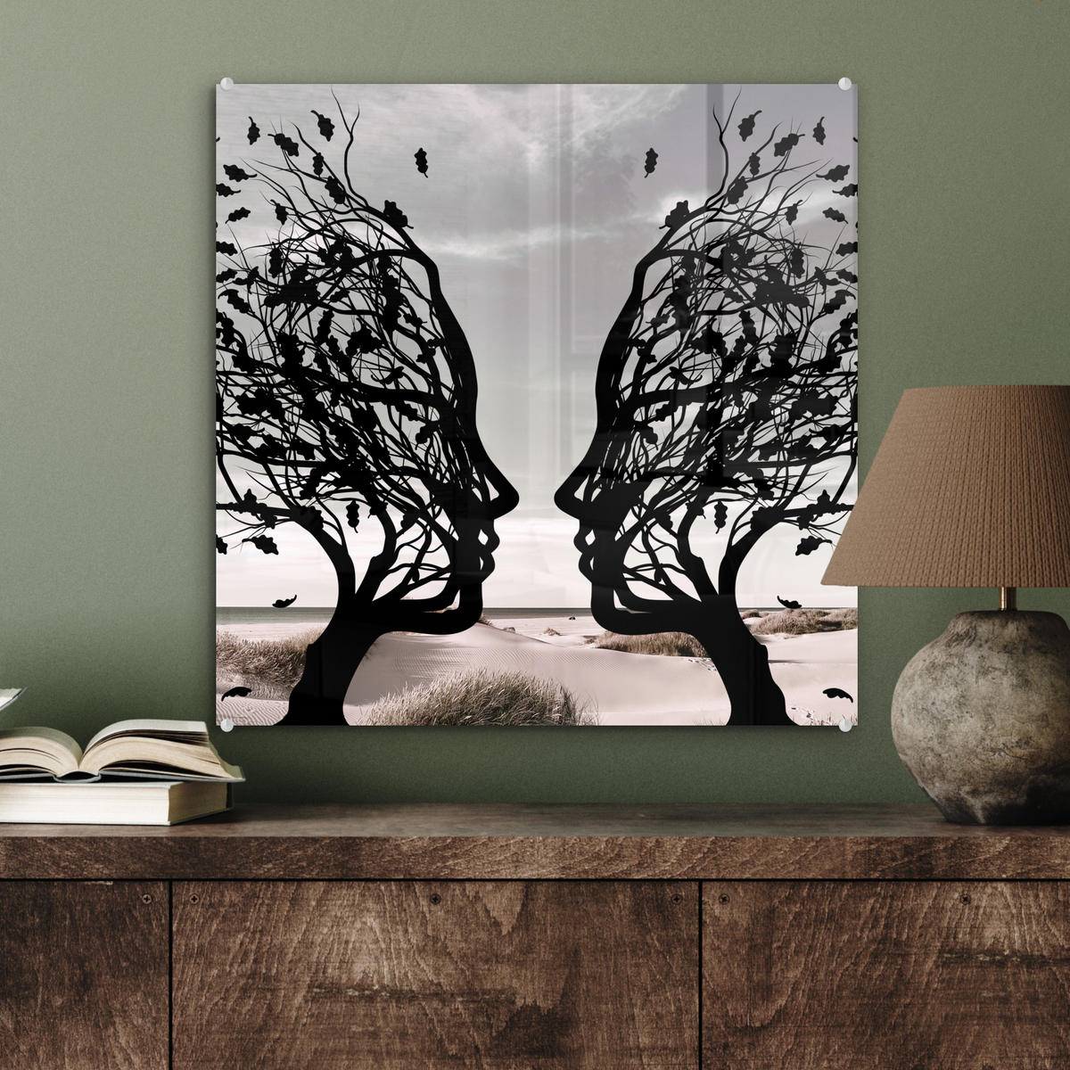 ACRYLGLASBILD Strand - Meer - Menschen - Baum - Moderne Kunst 50x50 cm - Hellgrau, Glas (50/50cm) - MuchoWow