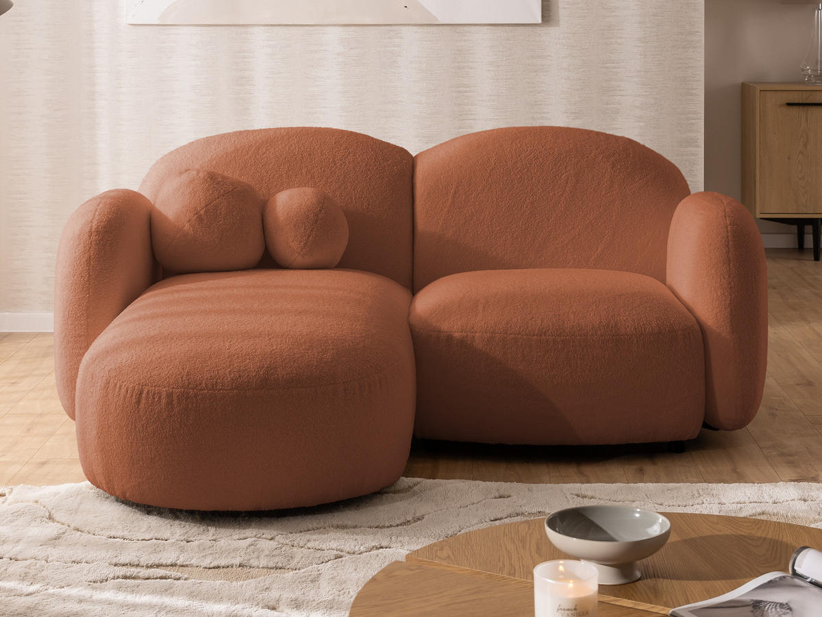 ECKSOFA Nuvola mit abgerundetem Design Terrakotta Bouclé-Stoff - Ottomane Links - Terra cotta/Schwarz, Holz/Kunststoff (190/146cm) - S-Style Möbel
