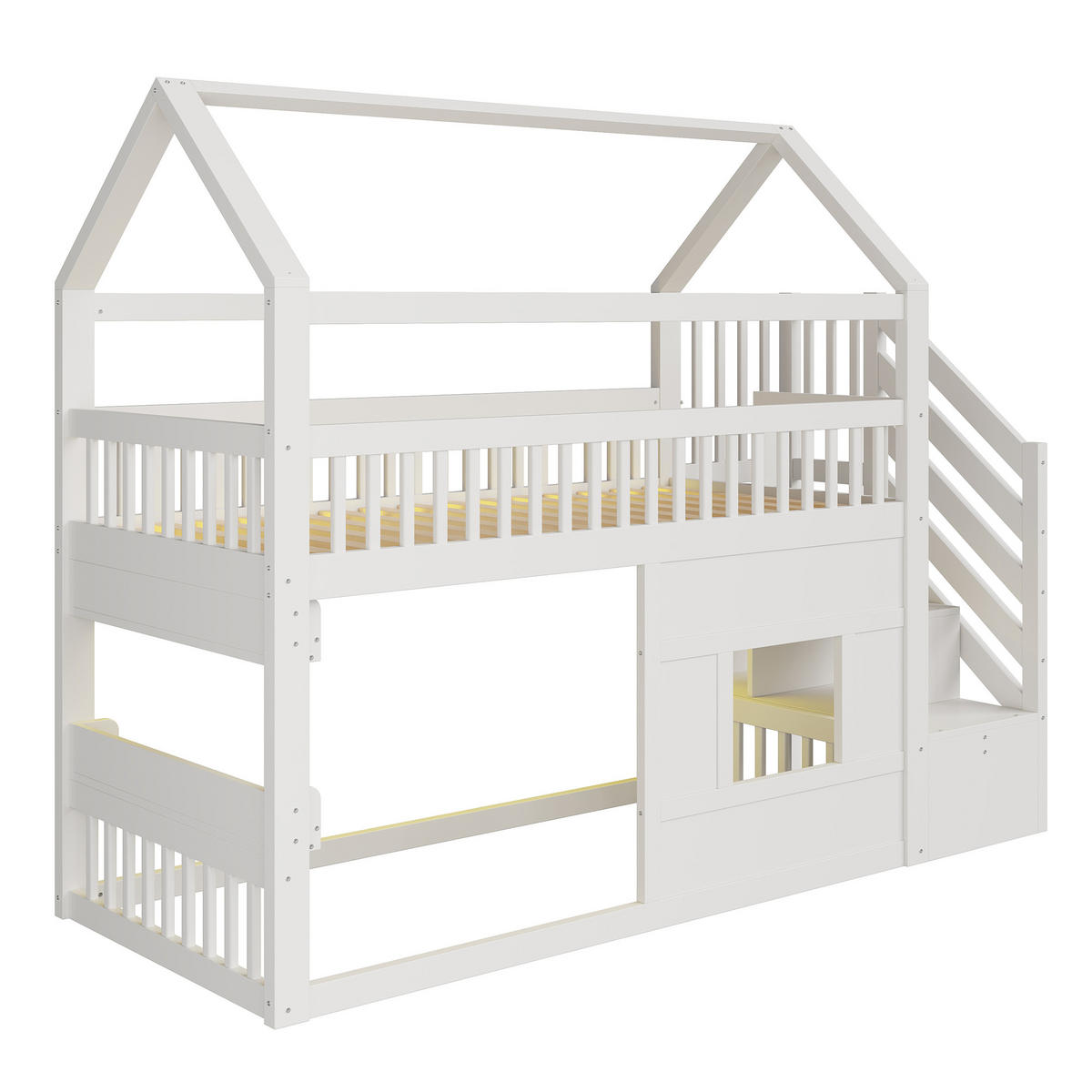 HOCHBETT 90/200 cm in Weiß mit Treppe, Ablage und LED aus Kiefernholz - Weiß, Holz/Holzwerkstoff (90/200cm) - CHICFURN