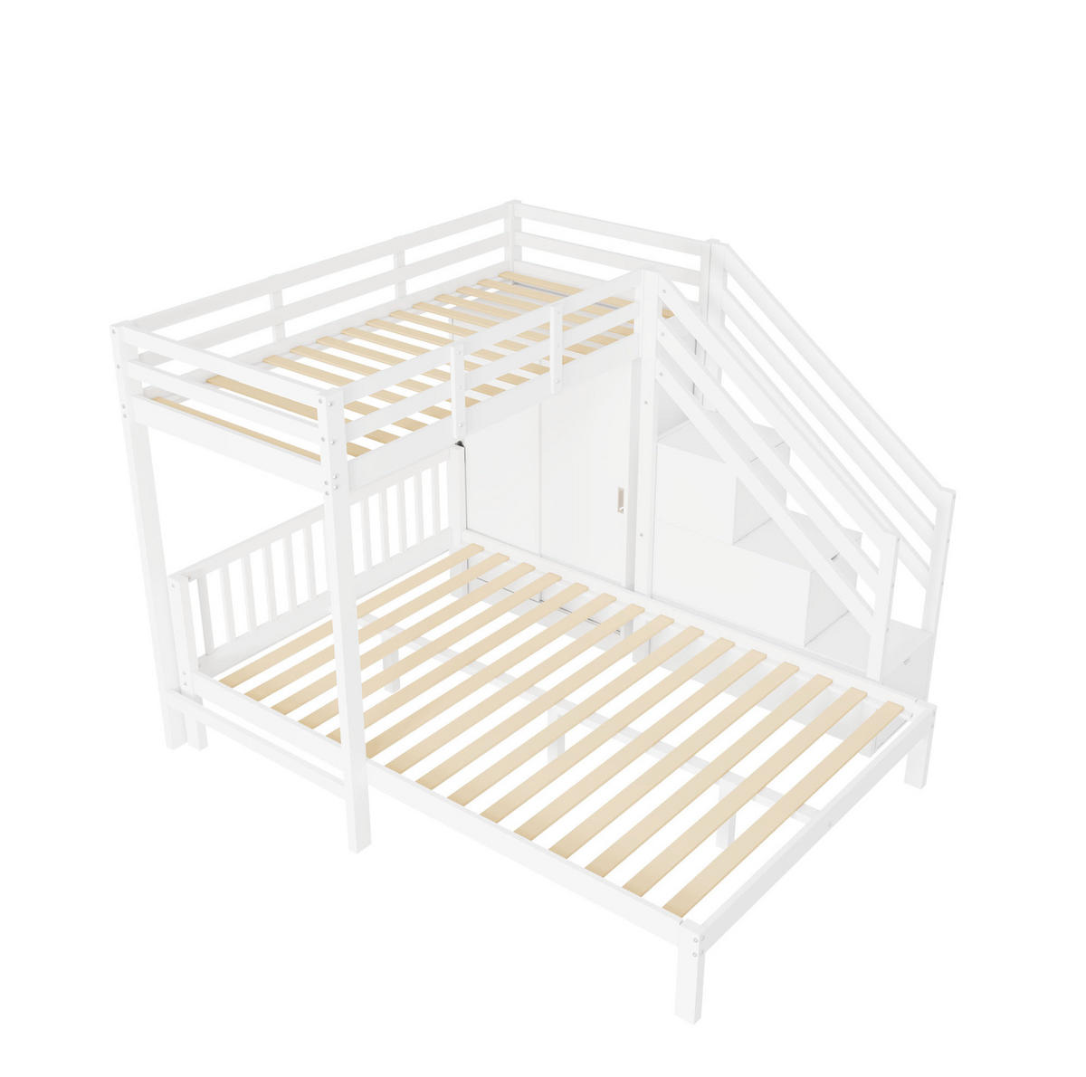 ETAGENBETT 90/200 cm mit Kleiderschrank, Aufbewahrungstreppe und Lattenrost aus Massivholz und MDF, Weiß - Weiß, Holz (90/200cm) - Redom