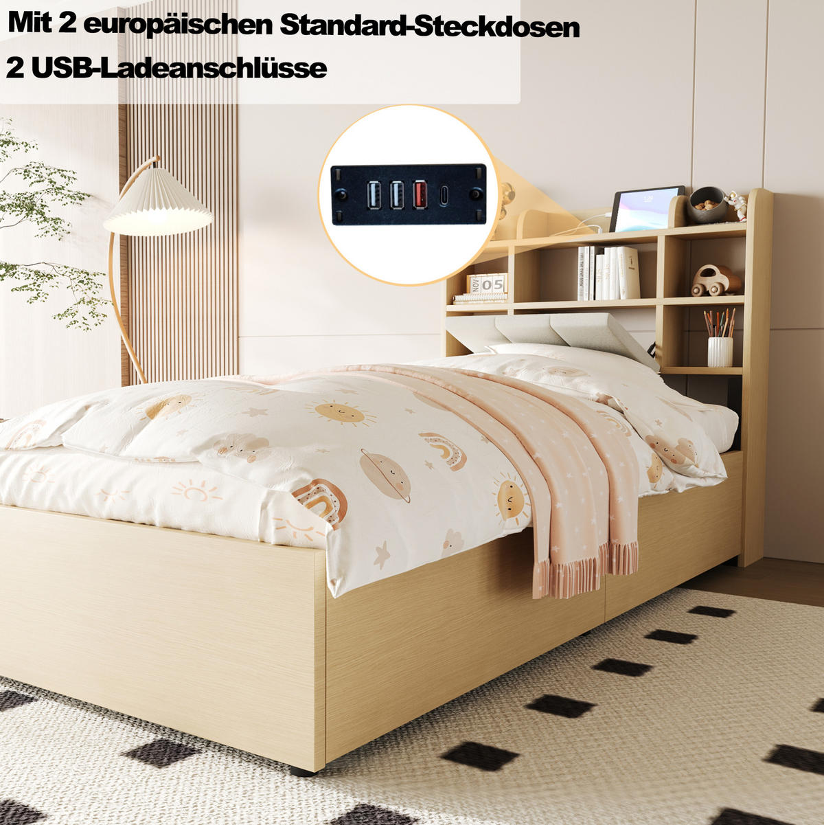 BETT 90/200 cm in Holzfarbe aus MDF mit Stauraum und USB-Anschlüssen - Naturfarben, Holzwerkstoff (90/200cm) - OKMYHOME