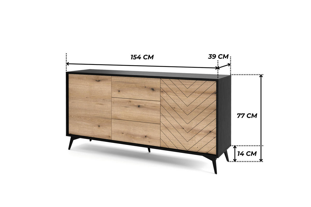 KOMMODE DIAMOND K2D3SZ (Eiche Evoke, Schwarz, Fischgrätmuster, Metallfüße, Push to Open) - Eichefarben/Schwarz, Holz/Holzwerkstoff (154/77/39cm) - Ravio