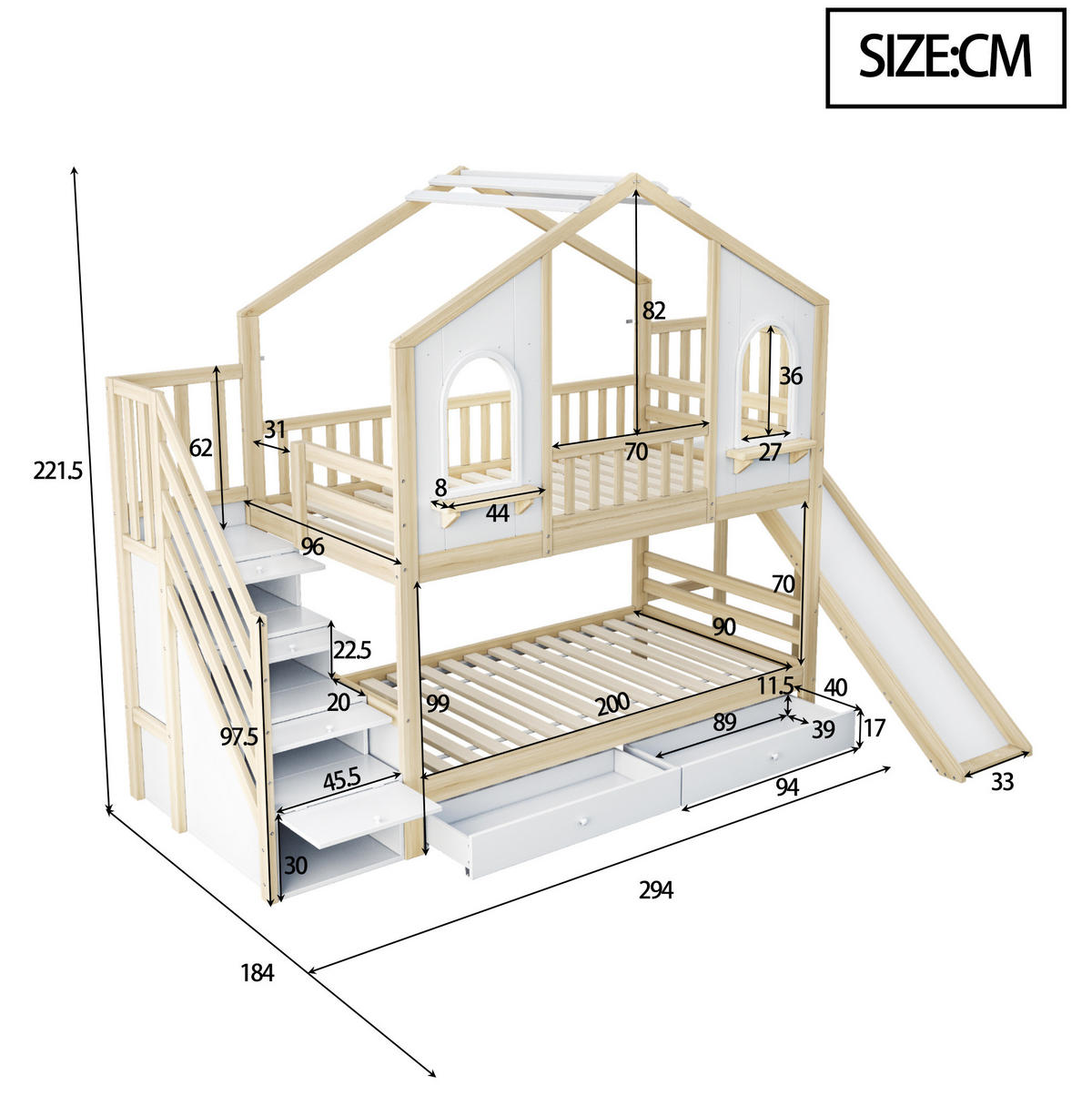ETAGENBETT mit Rutsche und Stauraum 90 x 200 cm Holz Weiß/Natur 5 Pakete - Wengefarben, Holzwerkstoff (90/200cm) - Beauniv