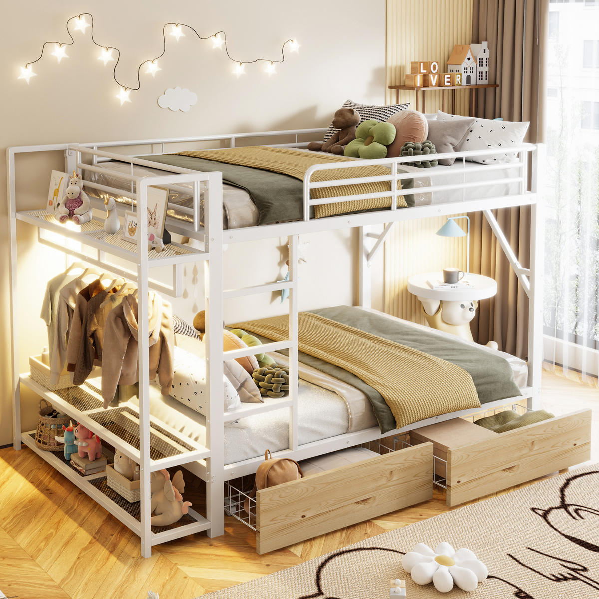ETAGENBETT 140/200 cm aus Metall mit LED-Lichtleiste, Weiß - Weiß, Metall (140/200cm) - OKMYHOME