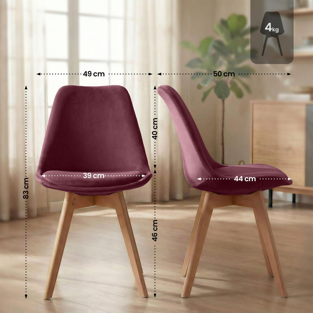 STUHL 4er Set Samt bordeauxrot - Eukalyptusholzfarben/Bordeaux, Holz/Textil (49/83/50cm) - CLP