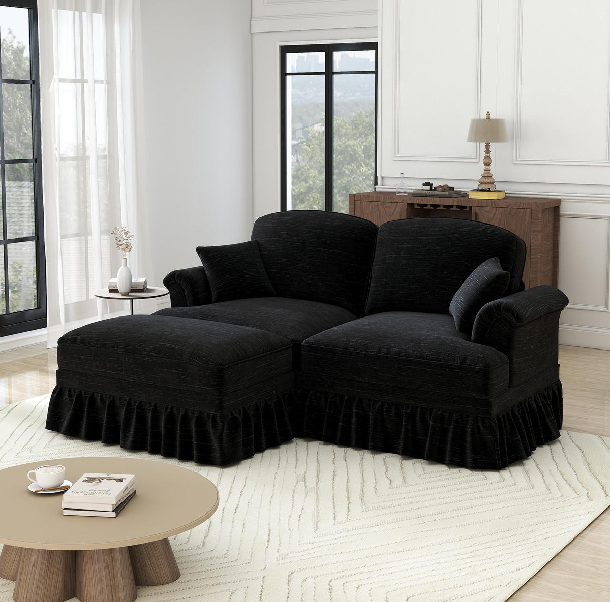 MODULARES Ecksofa Chenille mit Hocker L-Form 194/140/93 cm Schwarz - Schwarz, Textil (140/194cm) - Redom