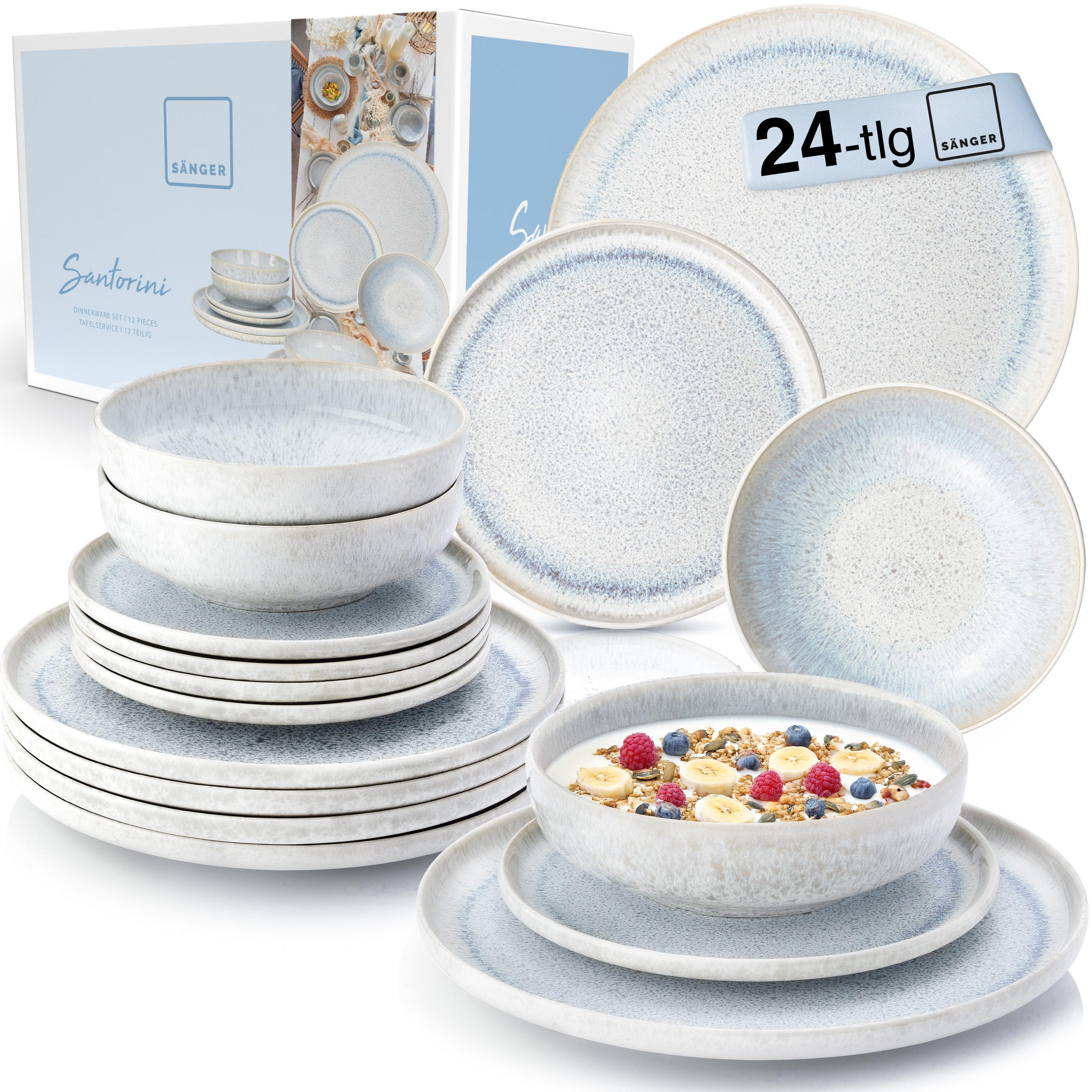 SÄNGER Steingut Geschirrset Santorini, Tafelservice 24 teilig für 8 Personen - Blau, Stein (27/6/27cm) - Sänger
