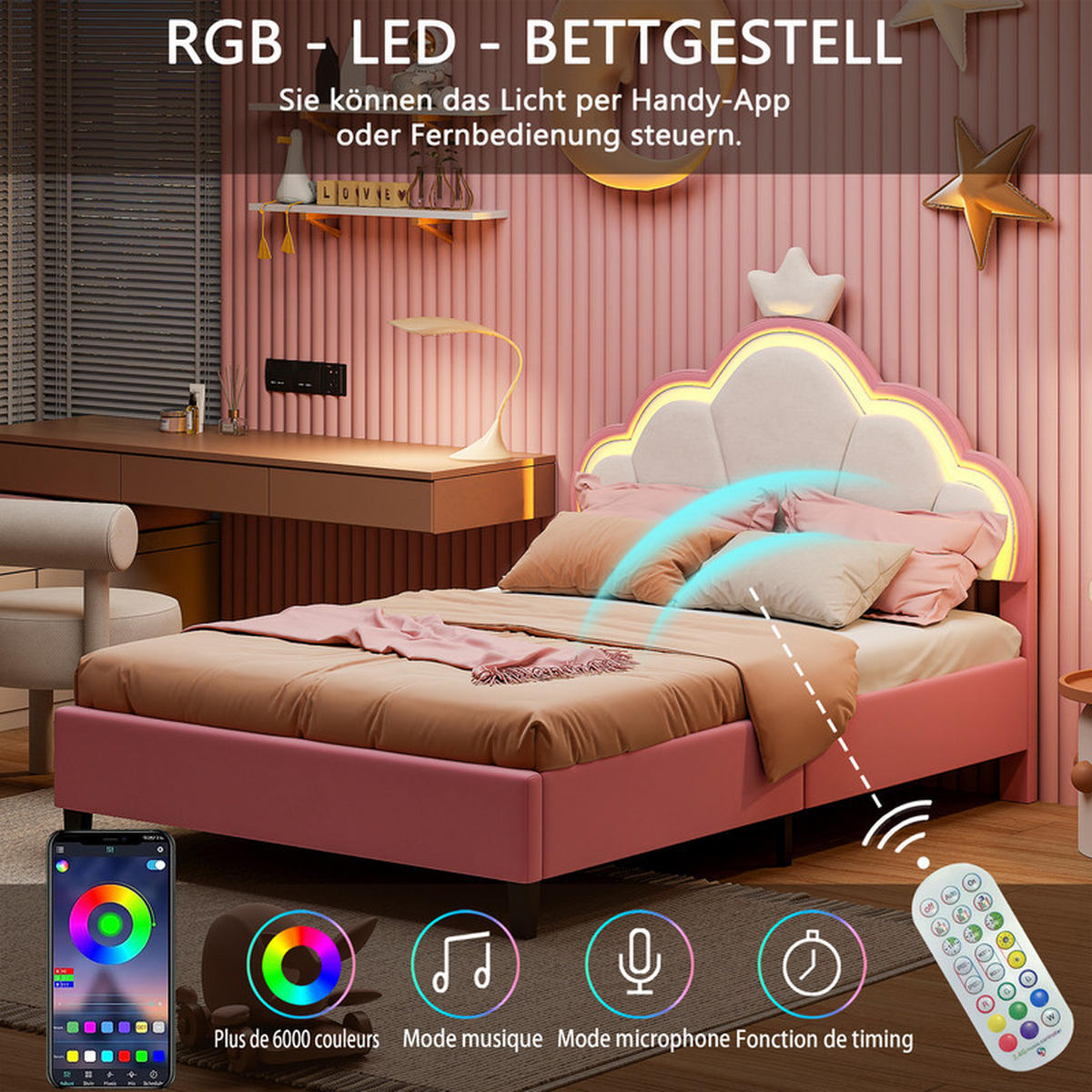 KINDERBETT 140x200cm, Samt, Rosa, Mädchenbett, mit LED-Lichtleiste, ohne Matratze - Rosa, Holz (140/200cm) - WoodenAura