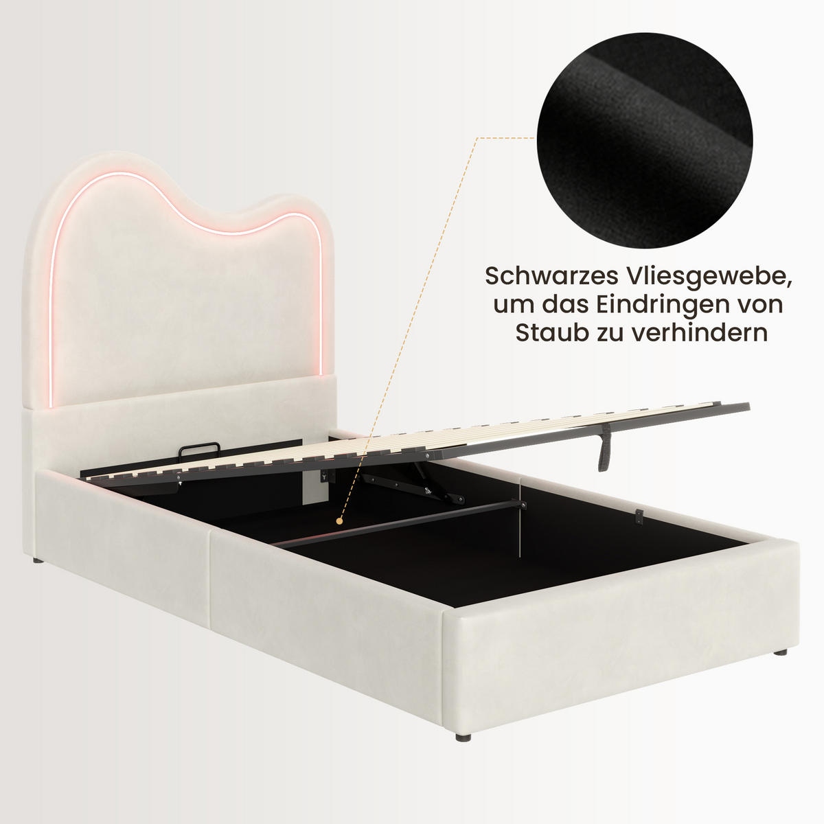 POLSTERBETT 90/200 mit Bettkasten, LED und Lattenrost in Beige - Beige, Holzwerkstoff/Textil (90/200cm) - EVRYAE