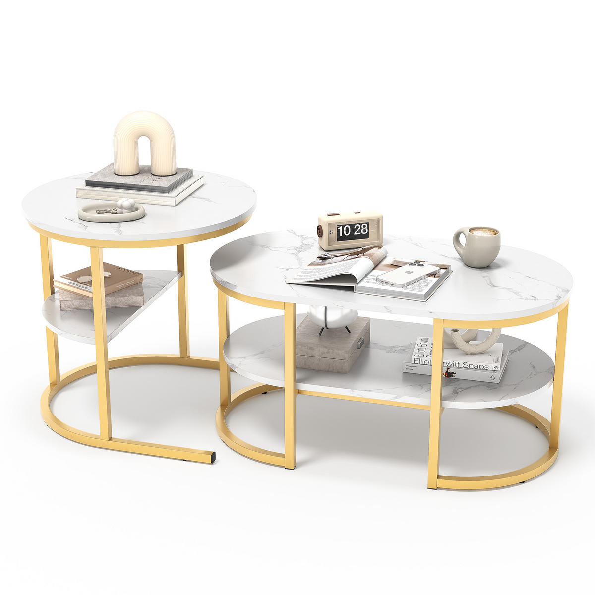 COUCHTISCH 2er Set, Marmor-Optik, Metallrahmen, Golden - Goldfarben, Holz (112/58/10cm)