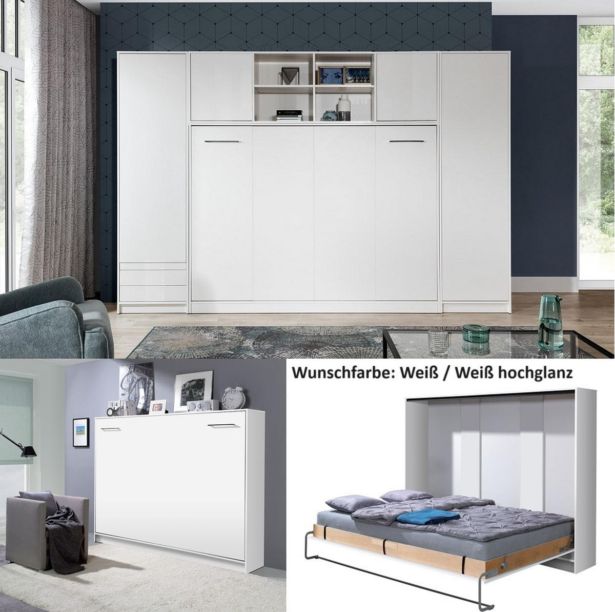 SCHRANKBETT Wandbett horizontal HB 140x200 mit 2 Schränken & Aufsatz - 4-teilig - Weiß hochglanz - Weiß Hochglanz, Holzwerkstoff (140/200cm) - QMM TraumMöbel