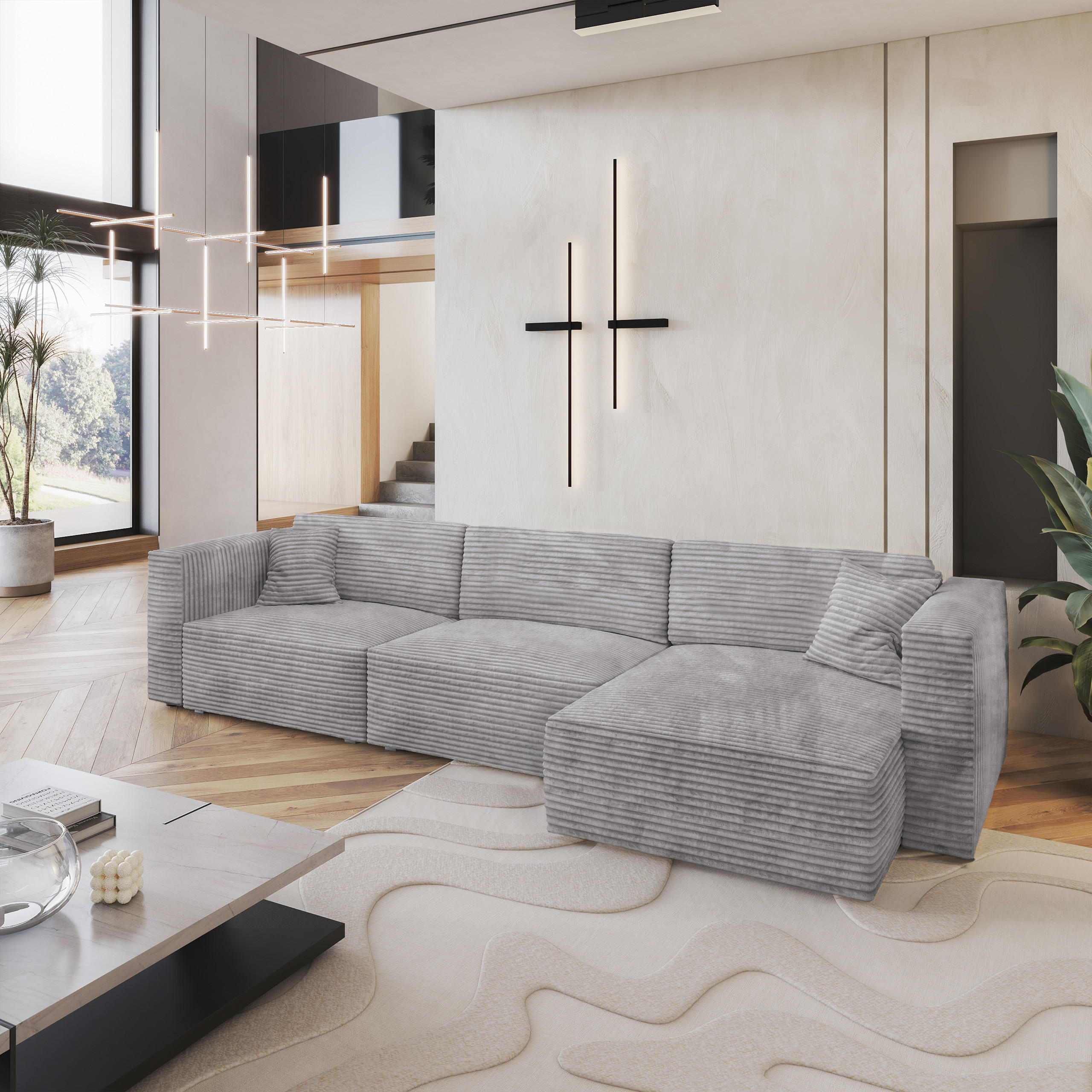 ECKSOFA TOLMO Hellgrau Kordstoff mit Schlaffunktion - Hellgrau, Holz (347/148cm) - MASSENO