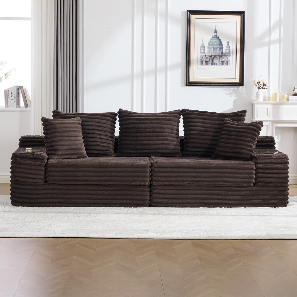 SCHLAFSOFA aus Cord mit Getränkehaltern und Kissen, Kaffeebraun - Mokka, Textil (107.48/34.25/38.58cm)
