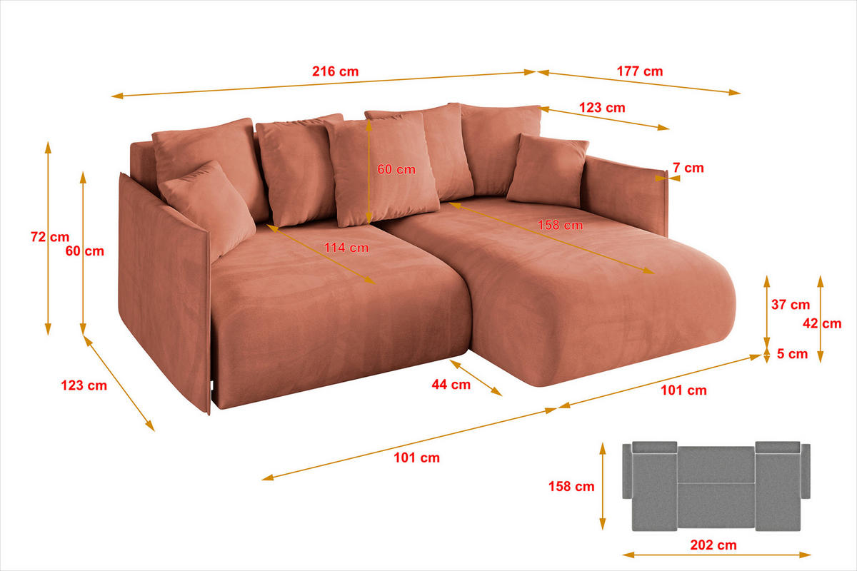 ECKSOFA Ottomane rechts ONESK-L 216x177x72 Apricot Velours - Koralle, Holzwerkstoff/Kunststoff (177/216cm) - ALTDECOR