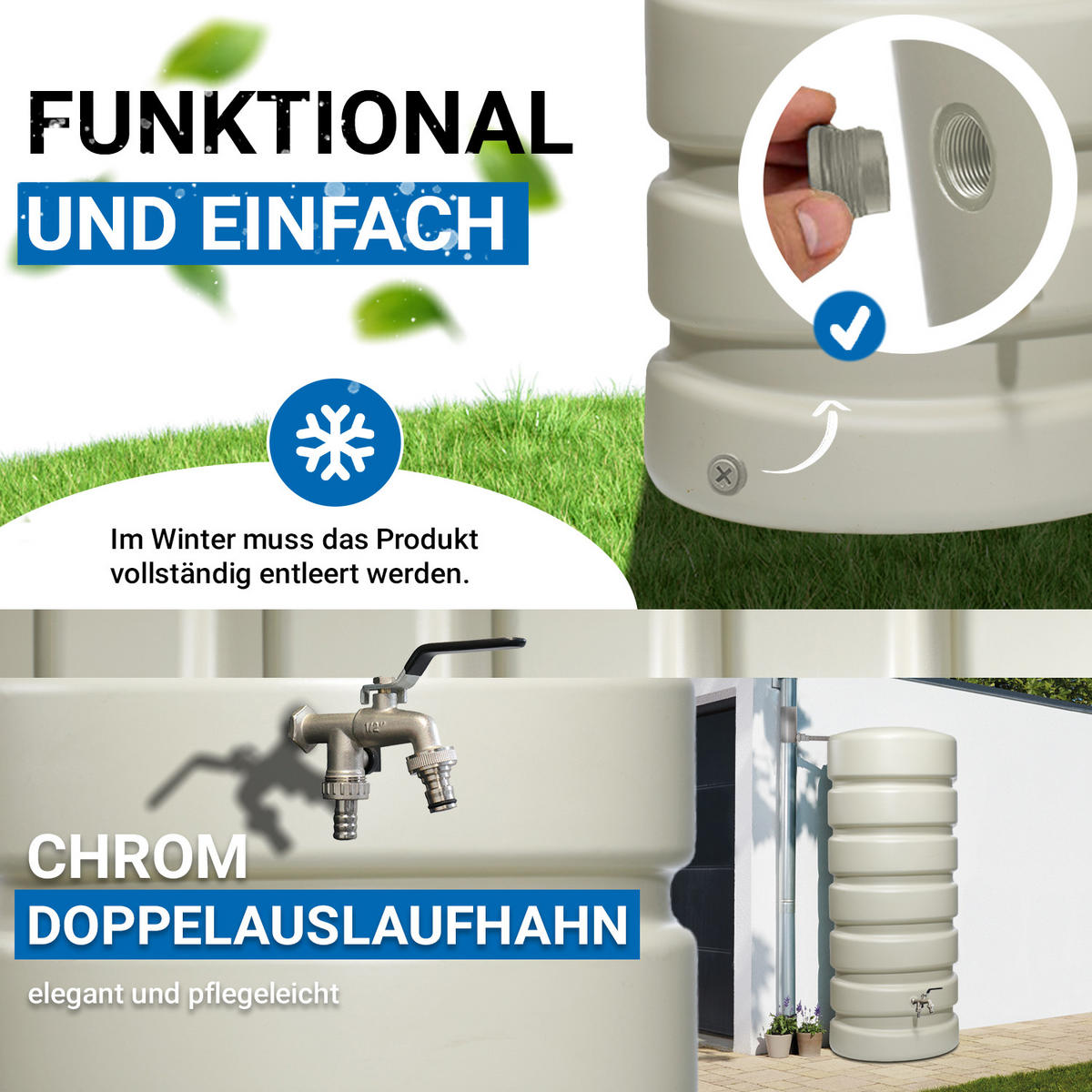 REGENTONNE Wandtank Komplett-Set 650 L, sandbeige inkl. Chrom-Doppelauslaufhahn und Fallrohranschluss - Beige, Kunststoff (80/192/60cm) - 4rain