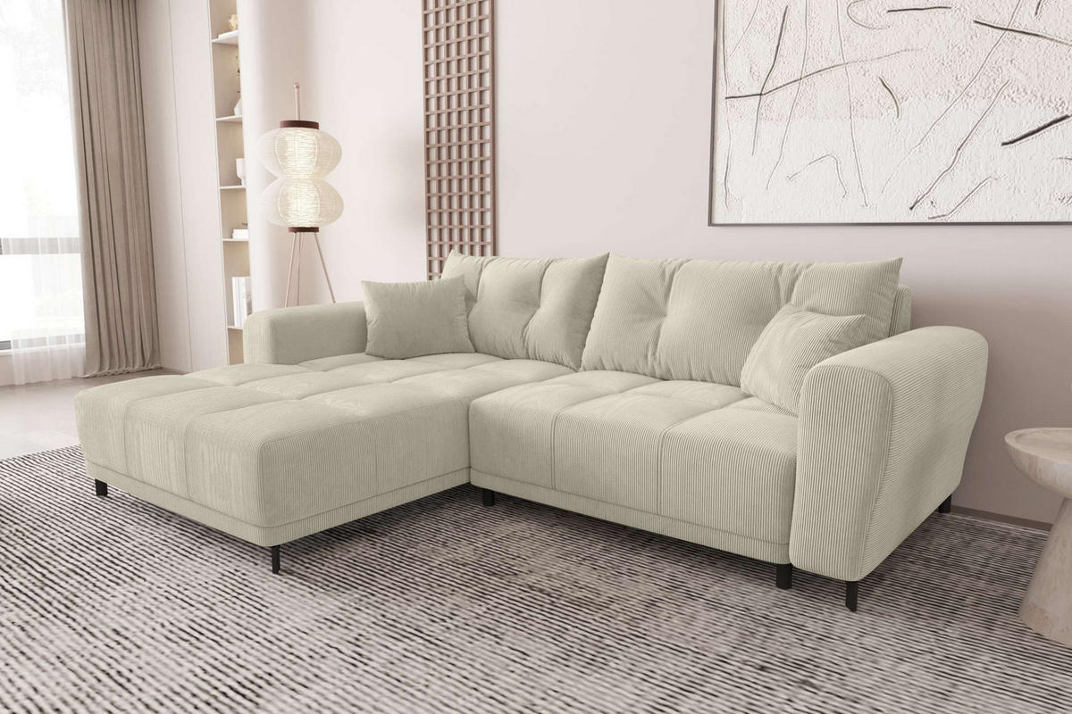 ECKSOFA Massimo Cordstoff Greige inkl. Schlaffunktion Links - Greige/Schwarz, Textil/Metall (246/177cm) - 99rooms