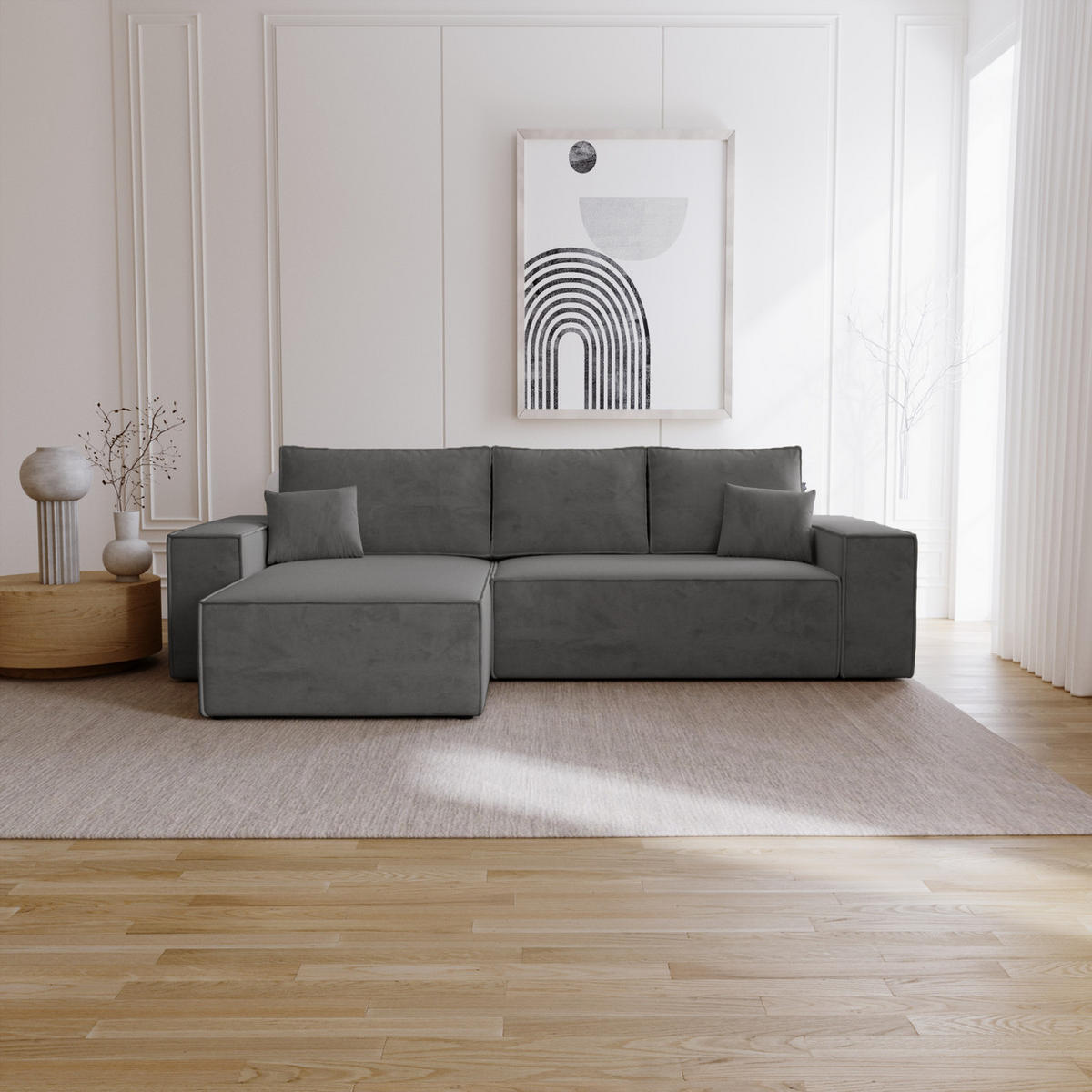 ECKSOFA mit Schlaffunktion Bergamo L 280 cm, Samt, Links - Dunkelgrau - Dunkelgrau, Holz (277/189cm) - Emporius