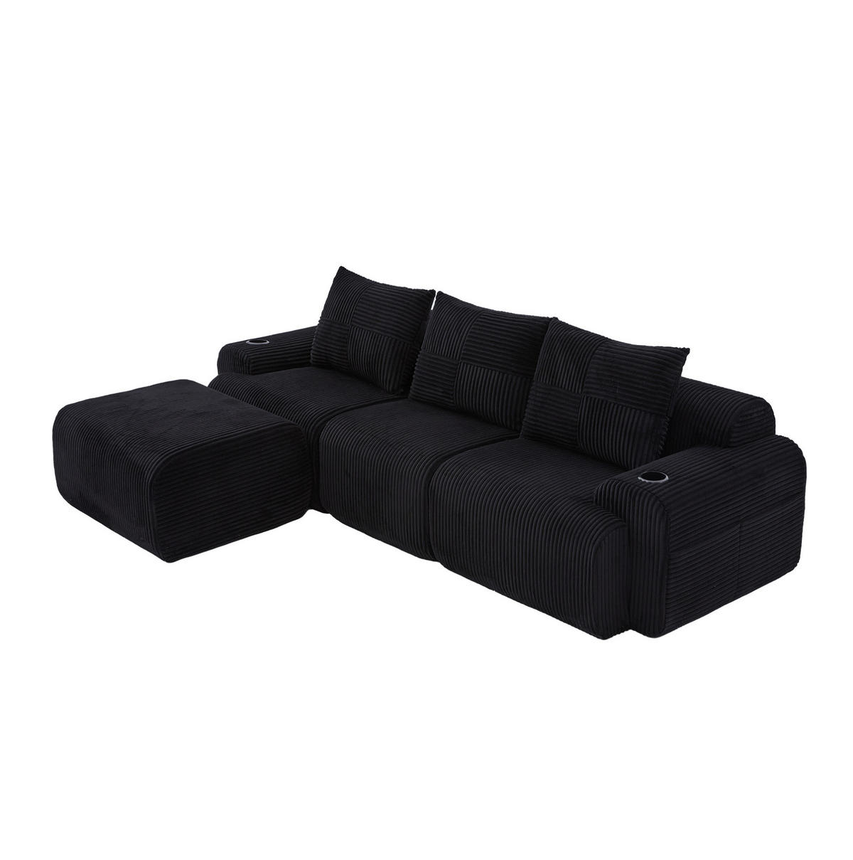 SOFA modular 268 x 174 cm Cord Schwarz mit Cupholder - Schwarz, Kunststoff (174/268cm) - Meubliv