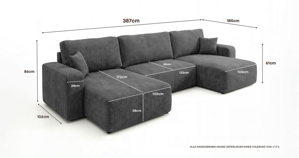 WOHNLANDSCHAFT BERLIN U-Form dunkelgrau Cord Poso 60 - Schlaffunktion, Bettkasten - Anthrazit, Textil (385/86/185cm) - Cornero