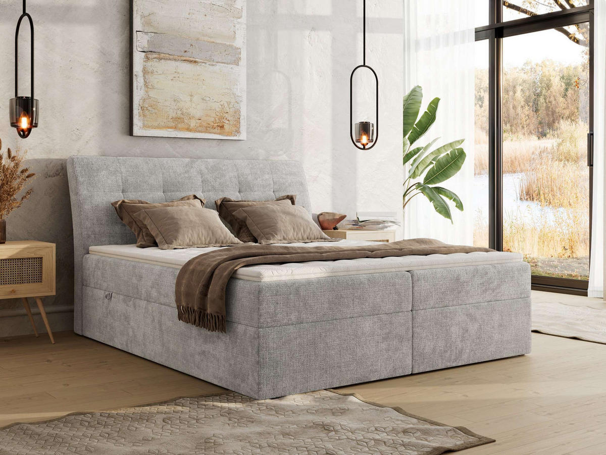 BOXBETT DAGOS 160/200 - Hellgrau Schenille grob gewebt - H3 - Topper T25 - Hellgrau, Textil (160/200cm) - MKS