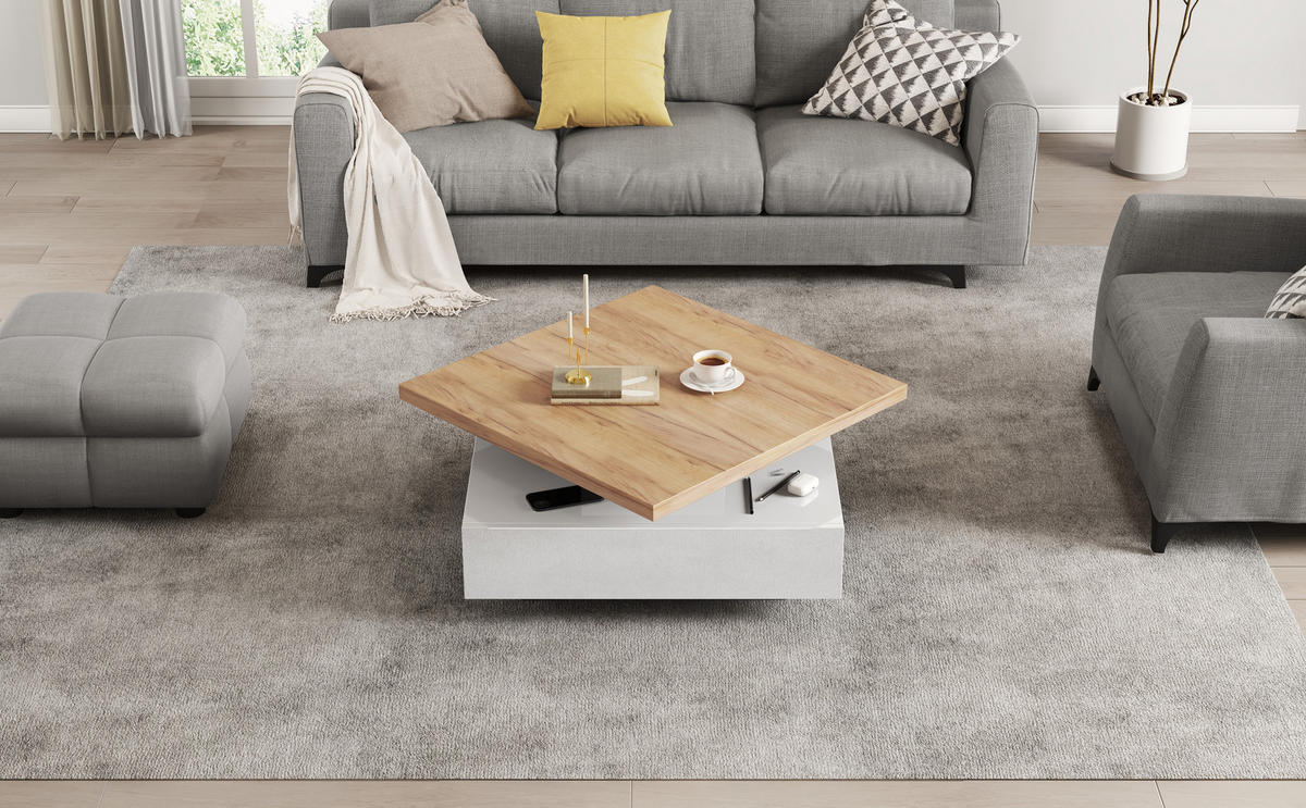 COUCHTISCH 70/70/36 cm weiß Hochglanz mit 360° schwenkbarem Tisch und Stauraum - Weiß, Holzwerkstoff (70/70/36cm) - OKWISH