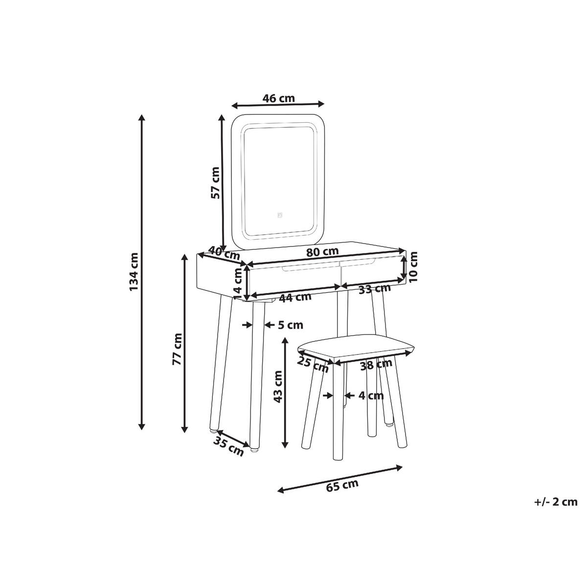 SCHMINKTISCH mit 2 Schubladen, LED-Spiegel und Hocker Weiß/Grau Dieppe - Hellbraun/Weiß, Holzwerkstoff (80/134/40cm) - Beliani