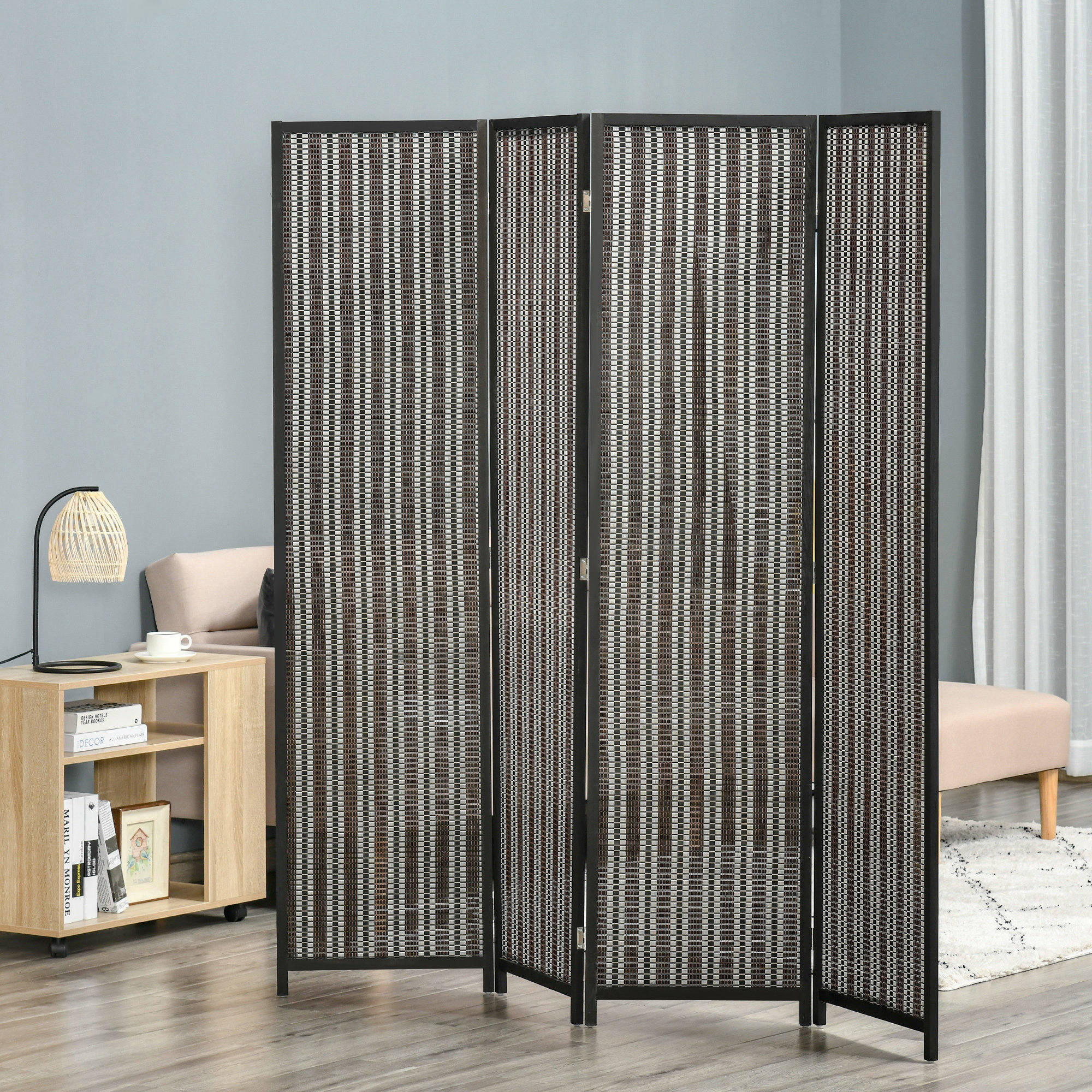 HOMCOM Raumteiler Aus Pappelholz & Weide – 4-teilig, Faltbar, Braun-weiß