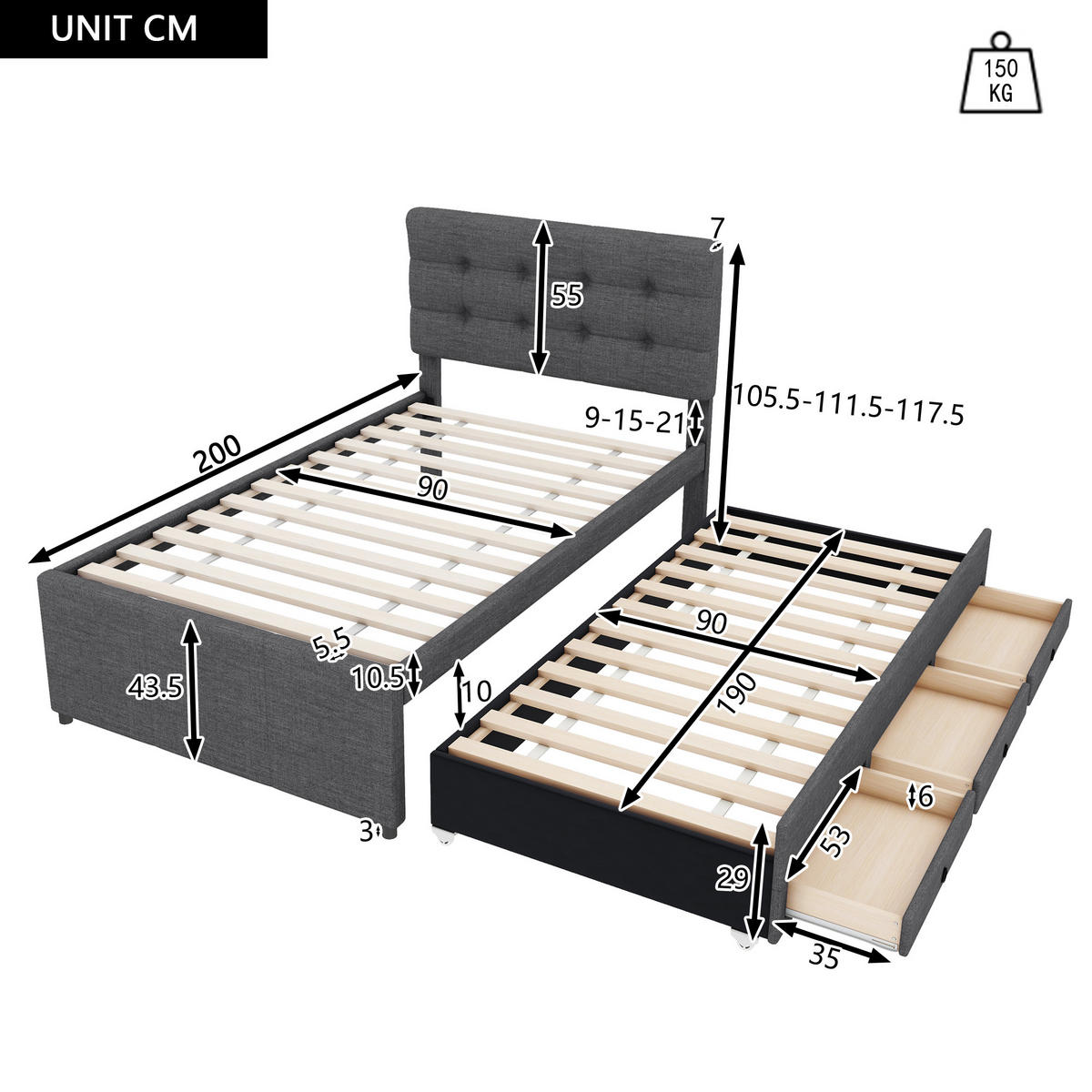 POLSTERBETT 90/200 cm grau mit ausziehbarem Rollbett und höhenverstellbarem Kopfteil - Grau, Textil (90/200cm) - OKWISH