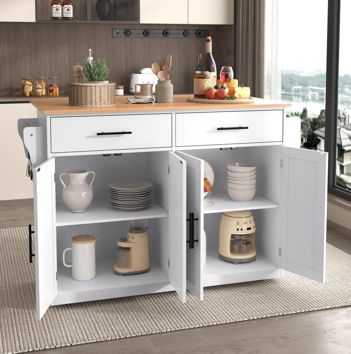 KÜCHENINSEL 120/46(70)/91,5 cm aus MDF mit klappbarer Tischplatte, Rollen und austauschbaren Holzfüßen, Weiß/Natur - Weiß, Holzwerkstoff (120/91.5/70cm) - Redom
