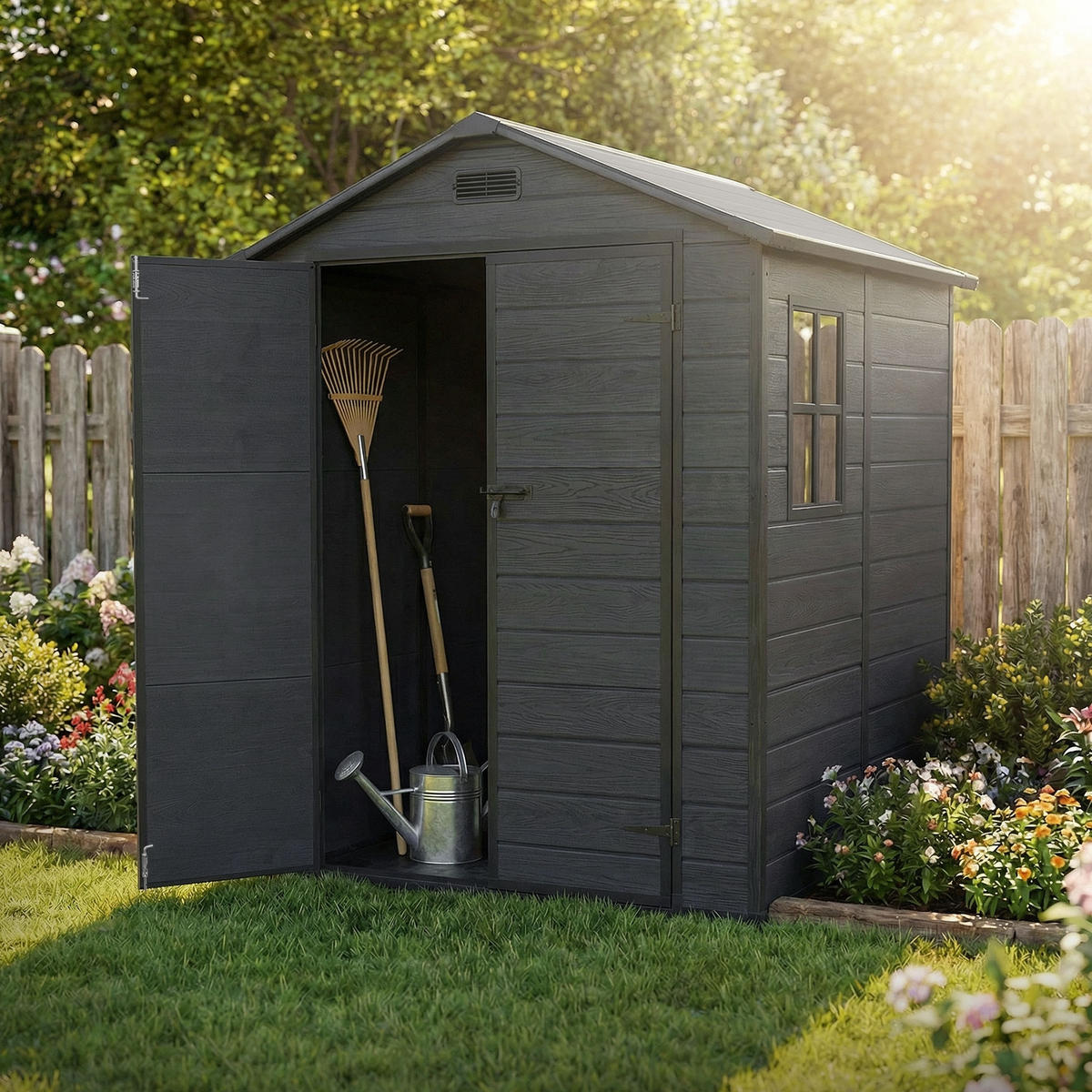 ZÁHRADNÍ DOMEK z plastu s podlahou 5 m³ 151 x 182 x 220 cm tmavě šedý - tmavě šedá, plast (182/220/151cm) - ECD-Germany