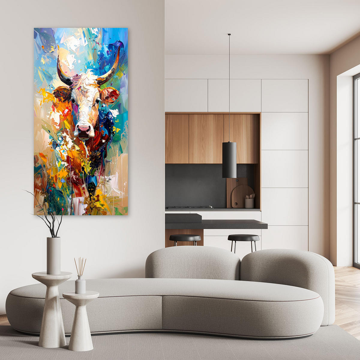 LEINWANDBILD Bunte Kuh Bulle Tiere Gemalt 60x120cm - Multicolor, Textil (60/120cm) - Feeby