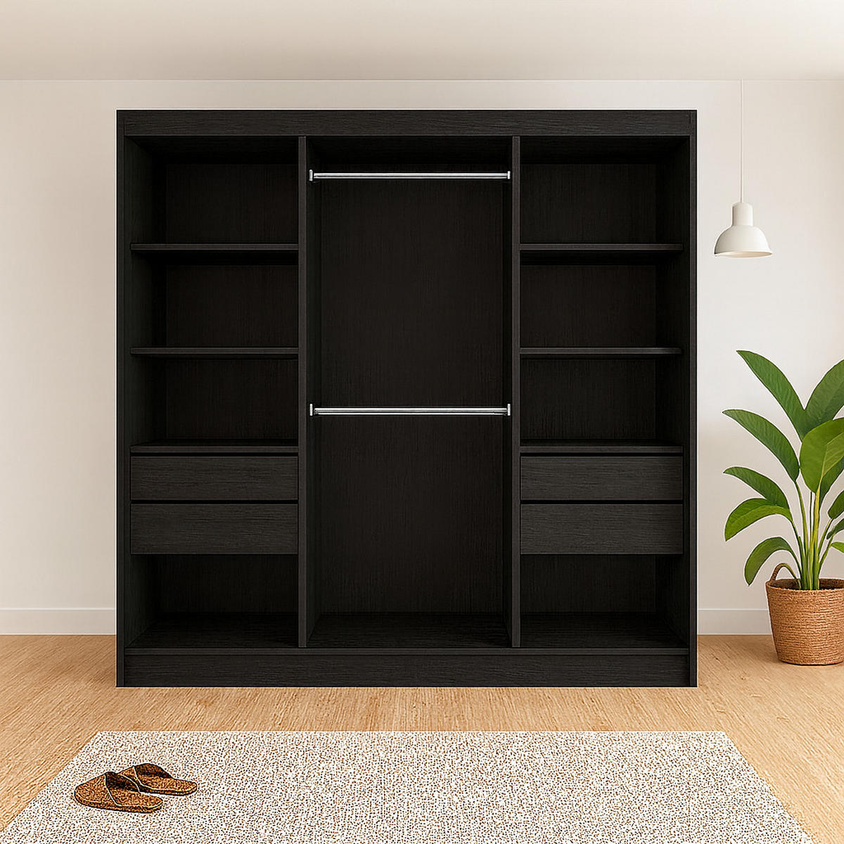 SCHWEBETÜRENSCHRANK Rafi mit Spiegel und mit geriffelten Fronten, 200 cm, Schwarz - Schwarz, Holzwerkstoff (200/215/61cm) - AN-Moebel 4u