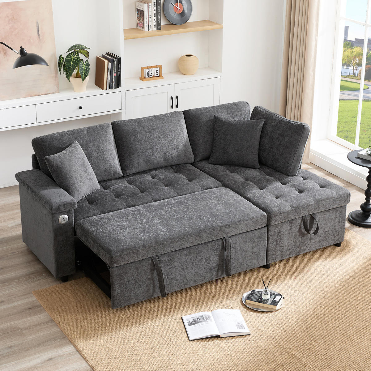 SCHLAFSOFA 209/130/84 cm in Dunkelgrau – mit Stauraum und USB-Anschluss - Dunkelgrau, Textil (130/84/209cm) - BEAOK