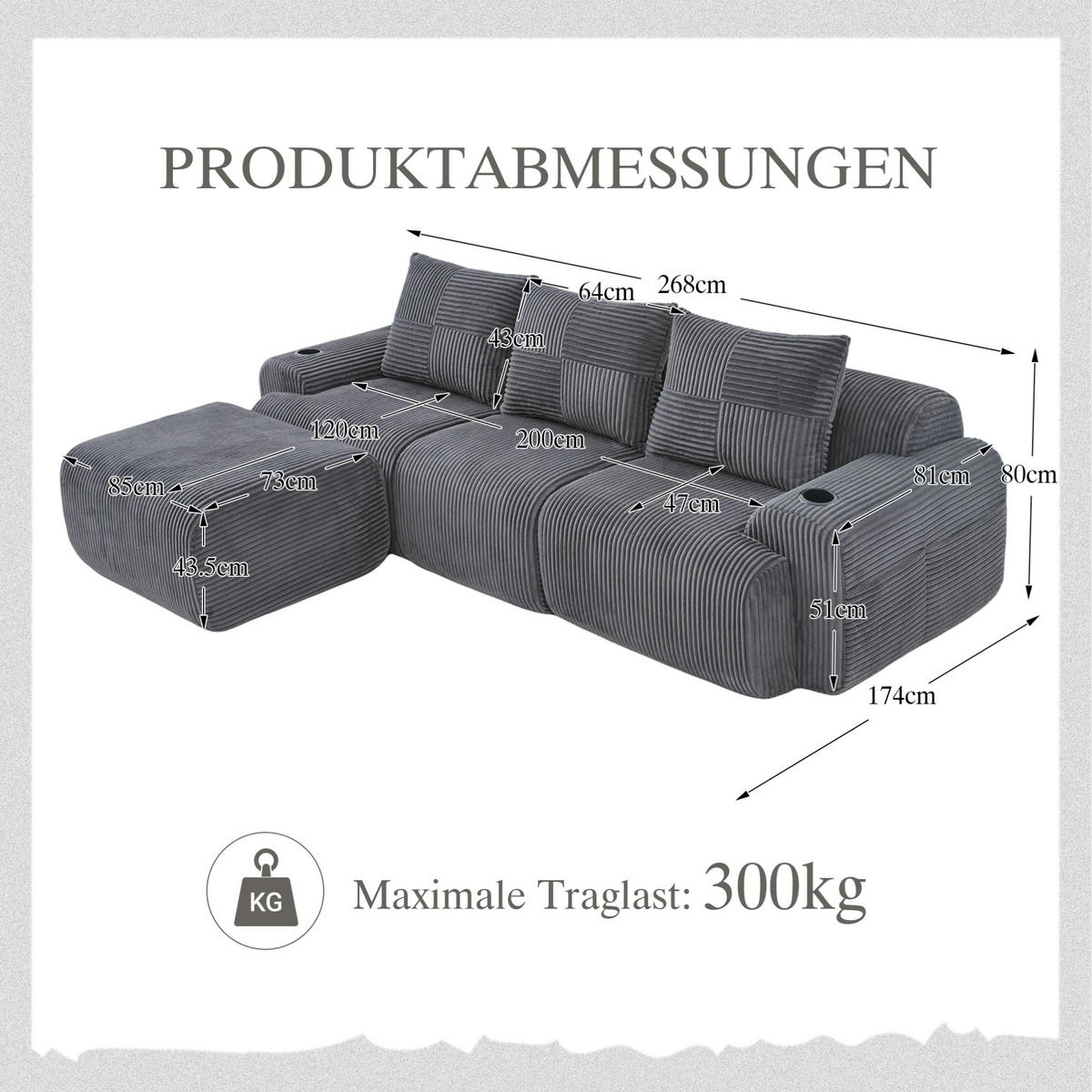 ECKSOFA 268/174/80 cm dunkelgrau aus Cord mit Cupholder - Dunkelgrau, Textil (174/268cm) - OKWISH