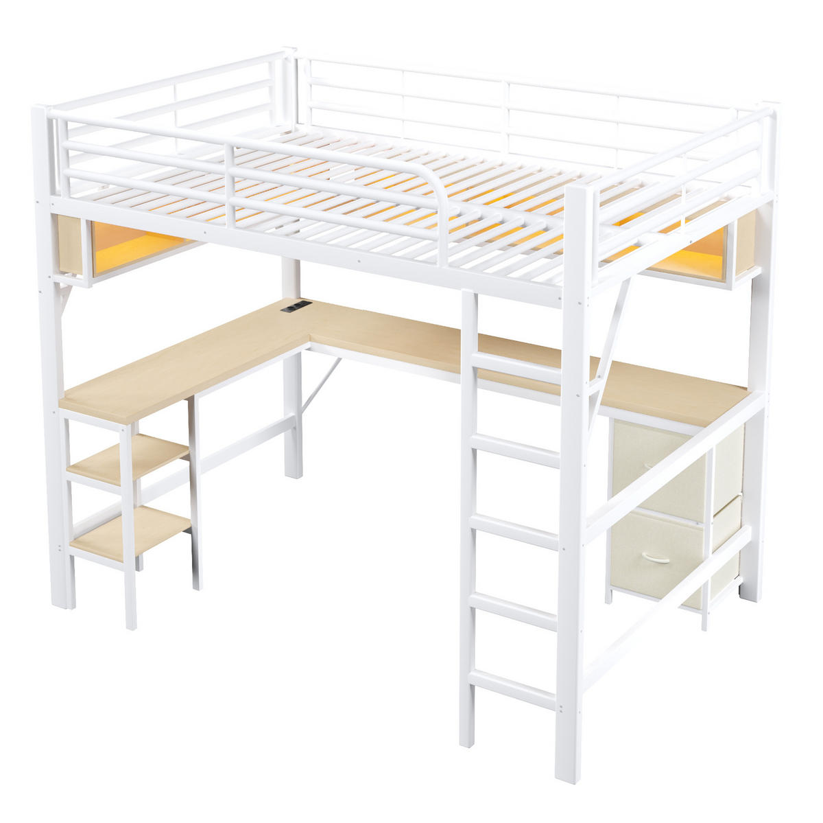 HOCHBETT aus Metall und MDF 140/200 cm mit Schreibtisch, Regal, Schrank, USB und LED-Beleuchtung, Weiß - Weiß, Holzwerkstoff (140/200cm) - Redom