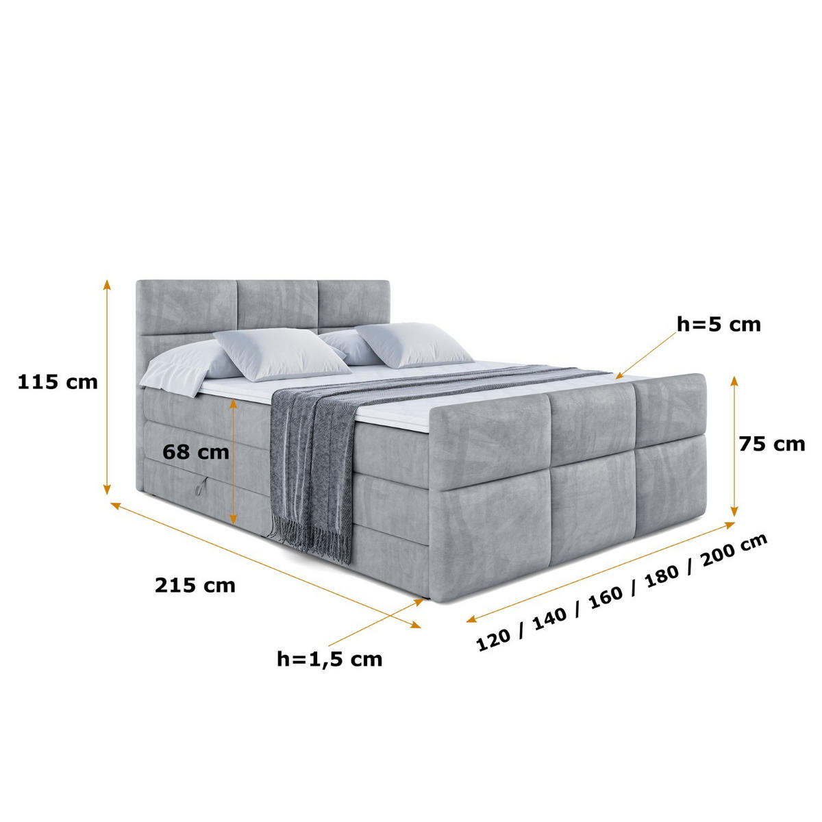BOXSPRINGBETT OHIO-Z KING - 140x200 - H3/H4 - Grau - Grau, Holzwerkstoff (140/200cm) - ALTDECOR