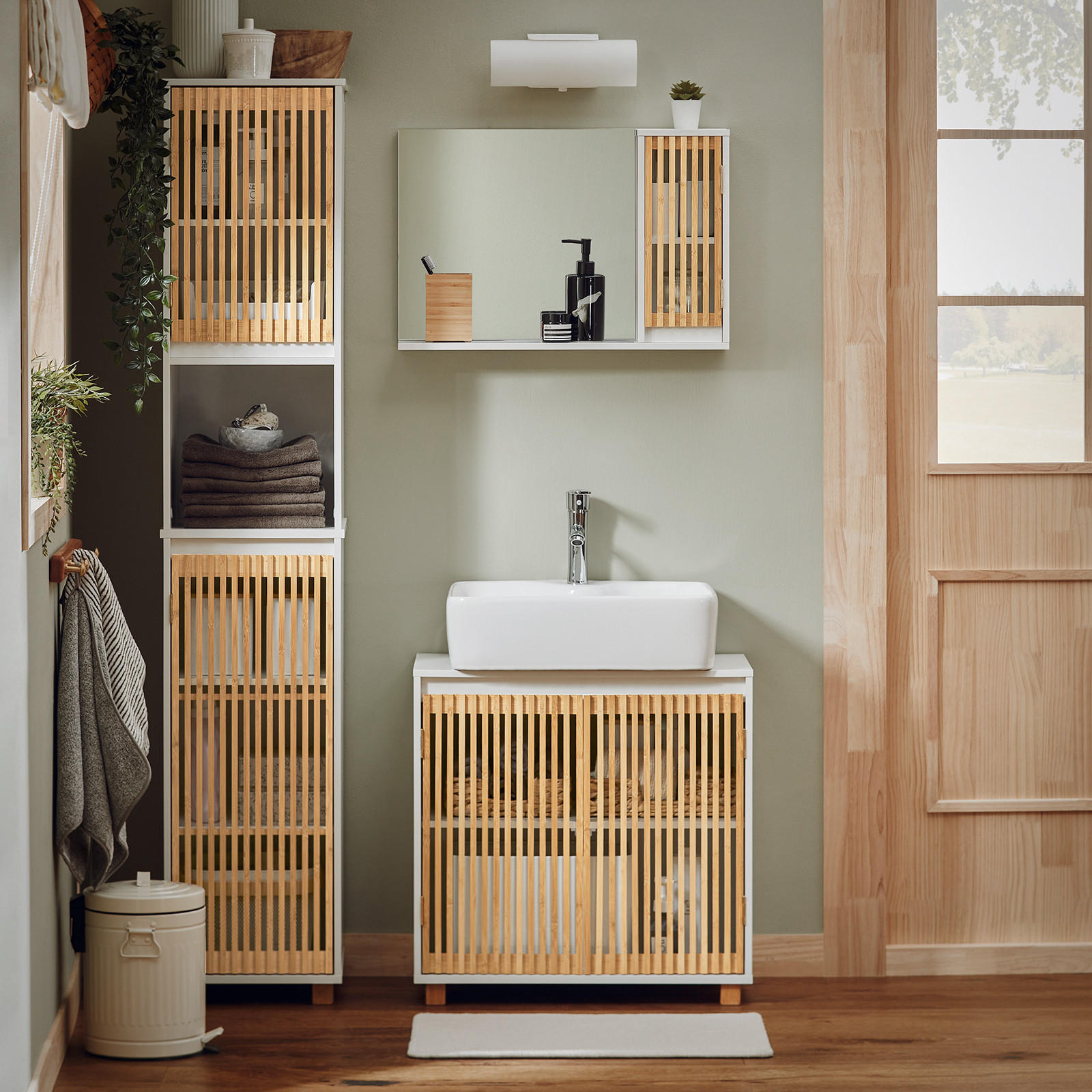HOCHSCHRANK Weiß - Weiß/Naturfarben, Holz/Holzwerkstoff (33/165/33cm) - SoBuy